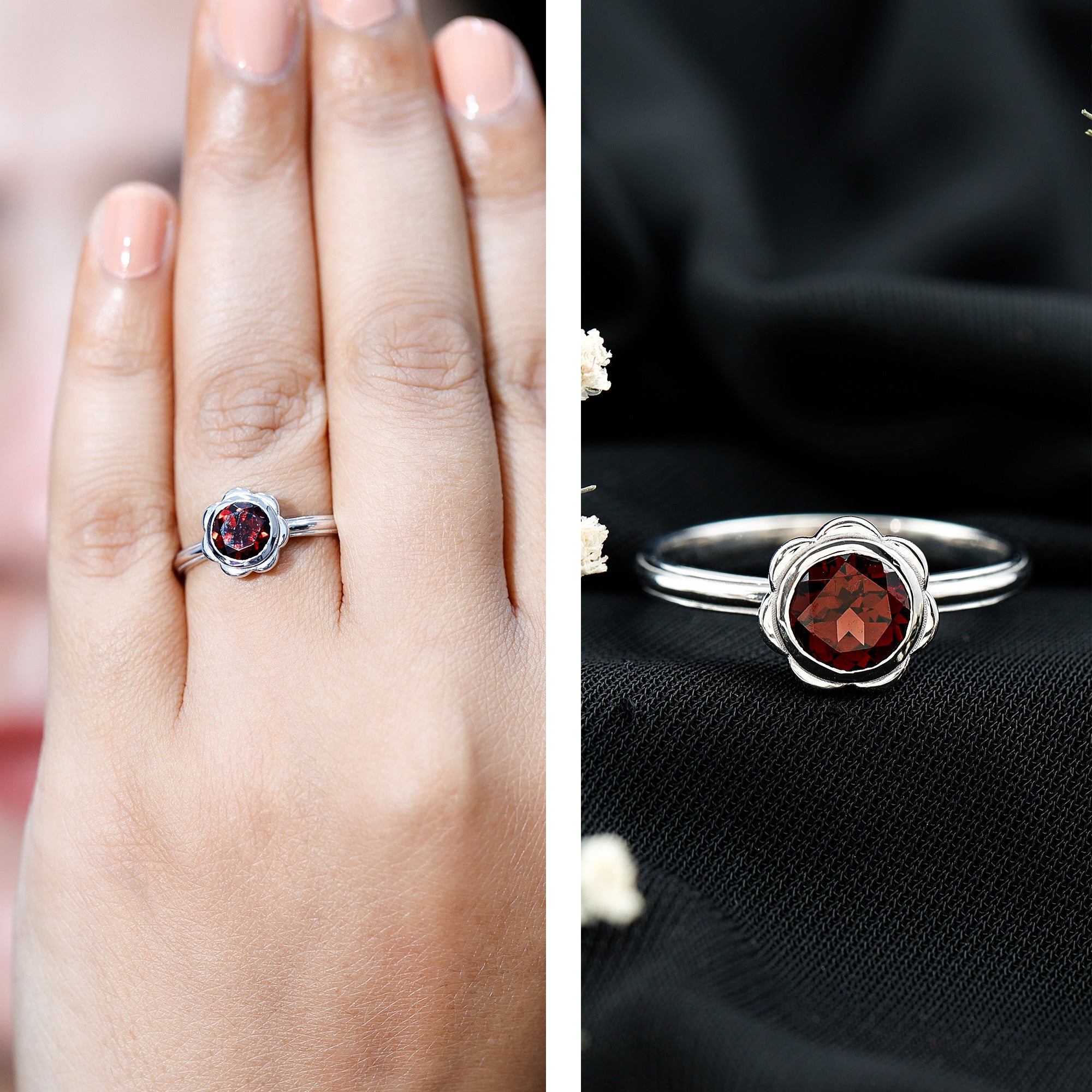 1.7 Carat Round Cut Garnet Flower Engagement Ring for Women AAA - Rosec Jewels