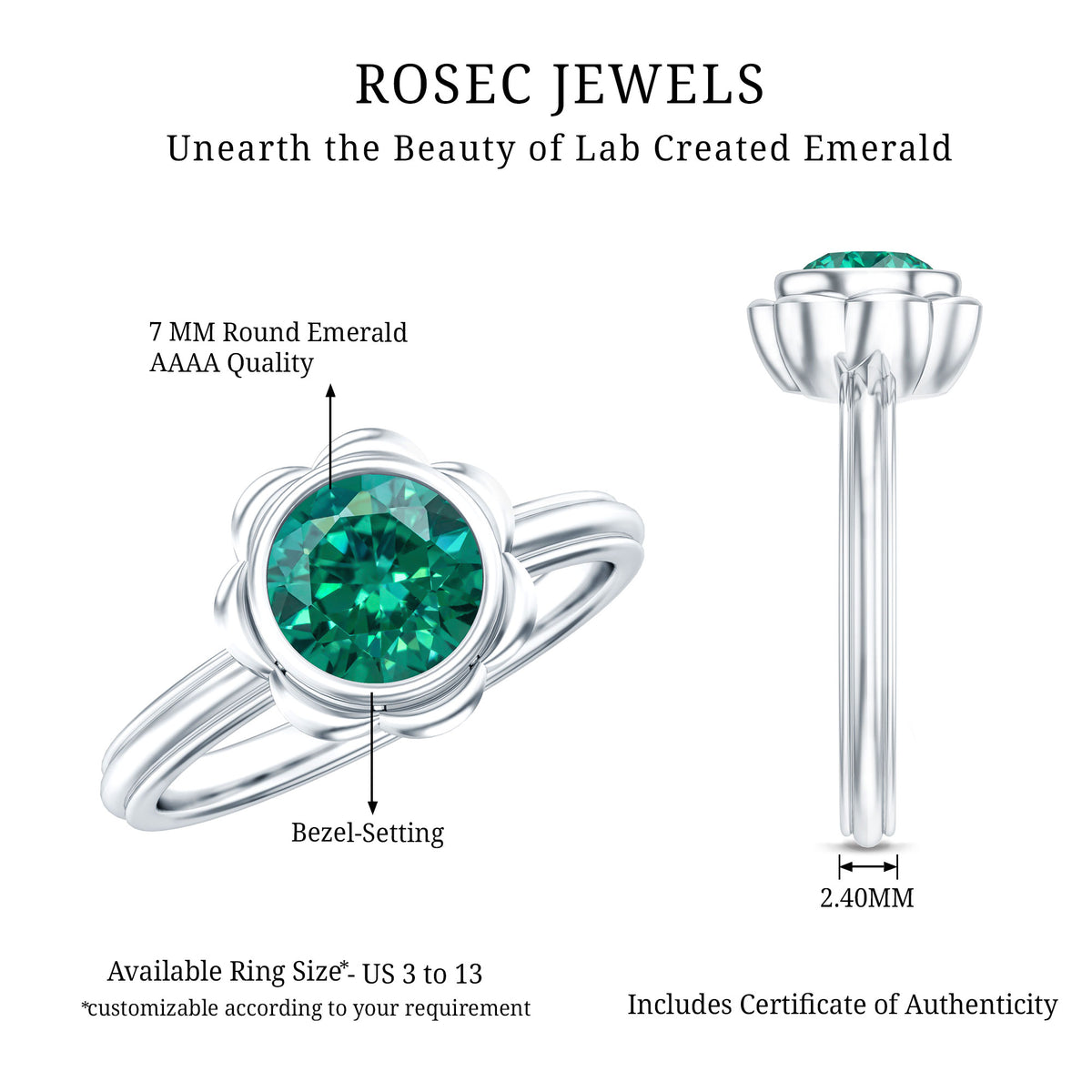 Bezel Set Lab Created Emerald Solitaire Engagement Ring AAAA - Rosec Jewels