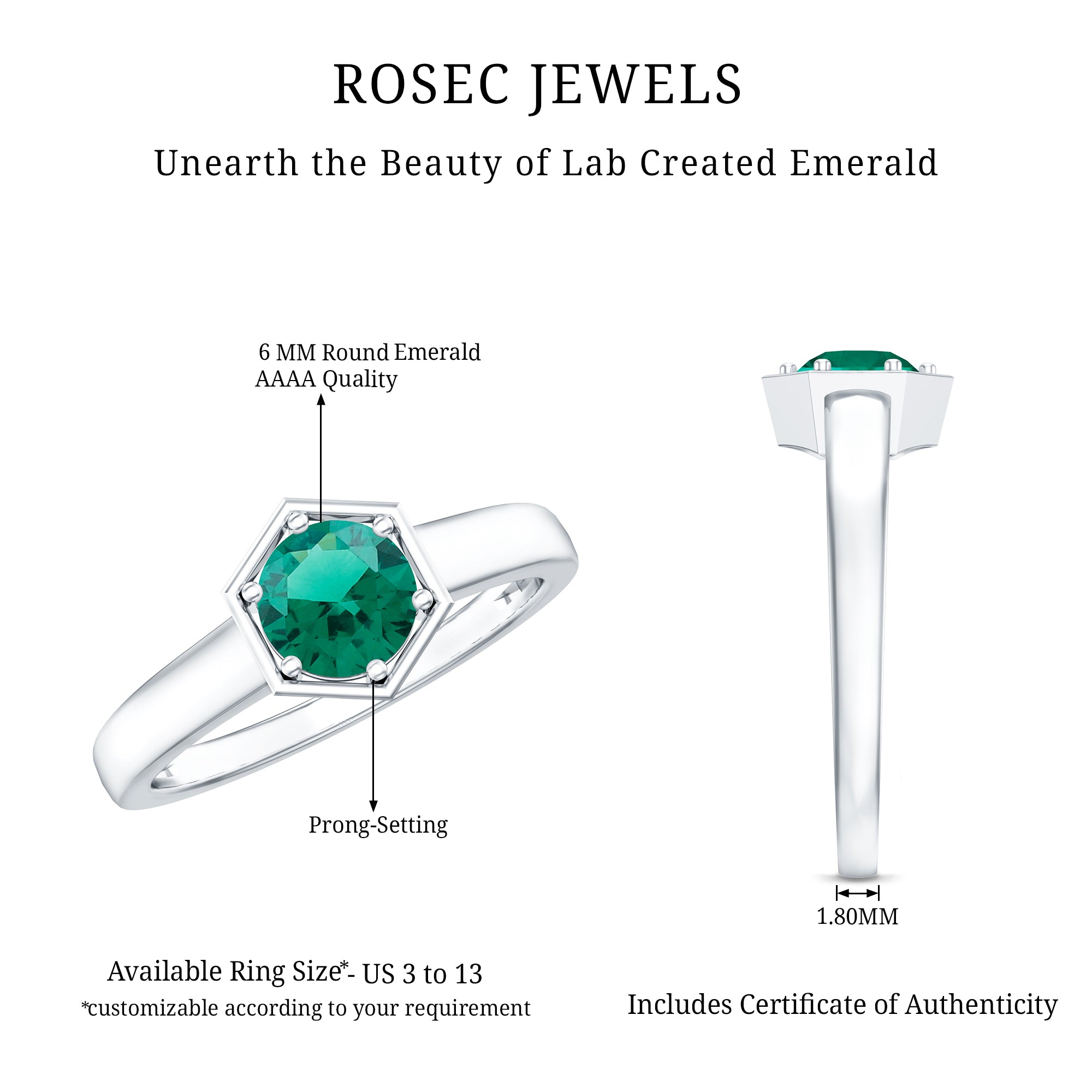 Rosec Jewels-Certified 0.8 Carat Lab Created Emerald Solitaire Engagement Ring