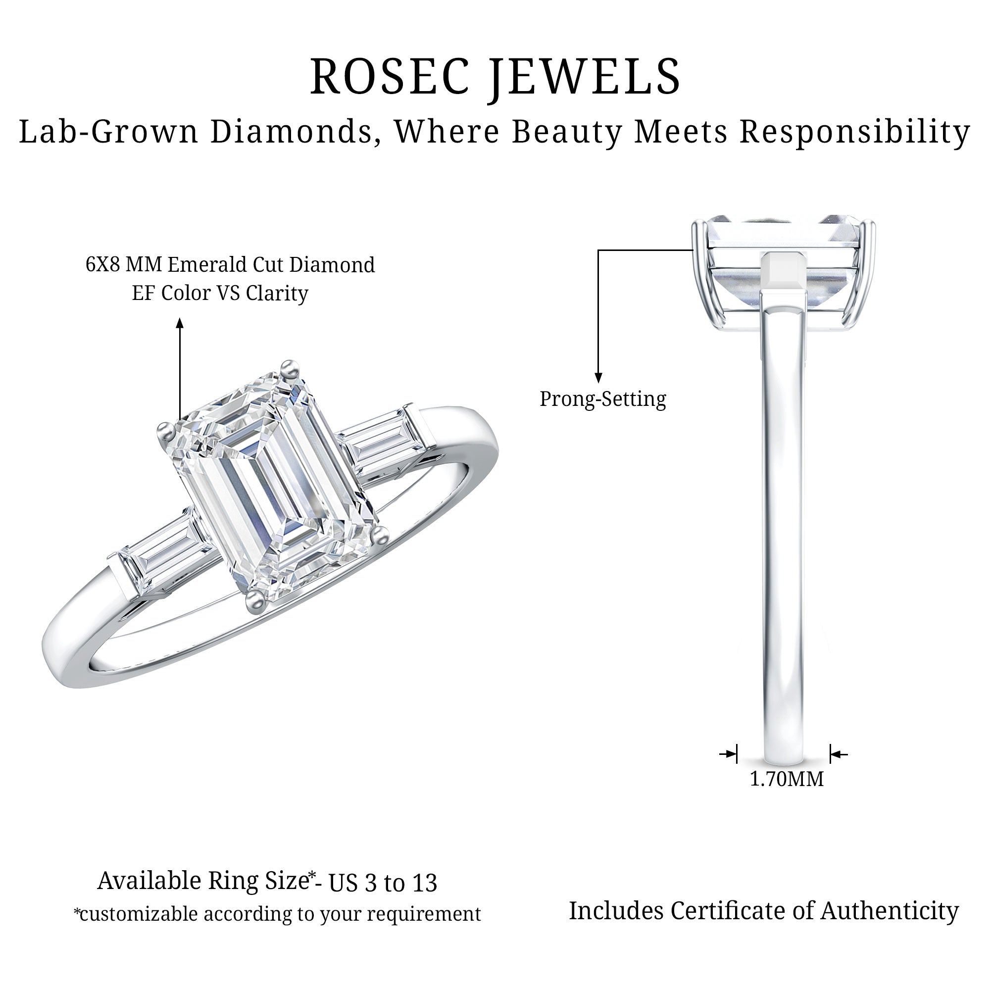 Rosec Jewels-2 CT Lab Grown Diamond Emerald Cut Engagement Ring