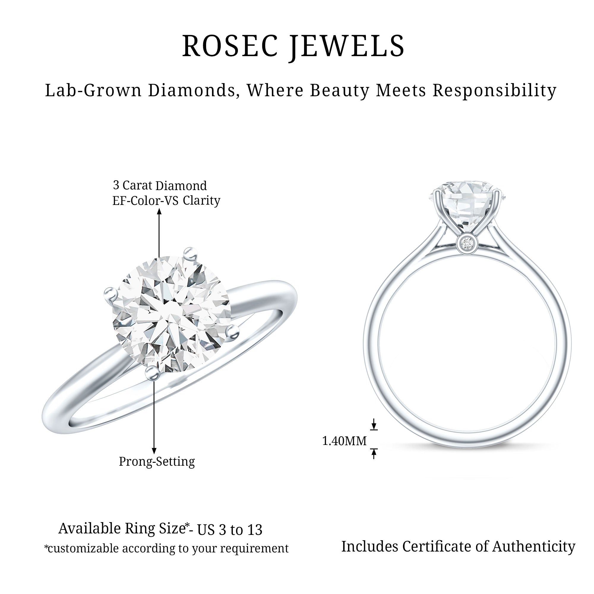 3 Carat IGI Certified Lab Grown Diamond Solitaire Engagement Ring Lab - ( E-VS1 ) - Rosec Jewels