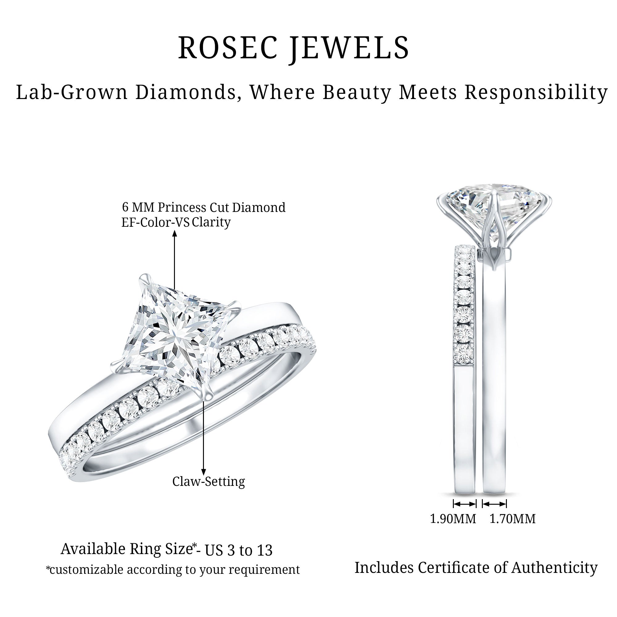Rosec Jewels-Princess Cut Lab Grown Diamond Ring With Wedding Band
