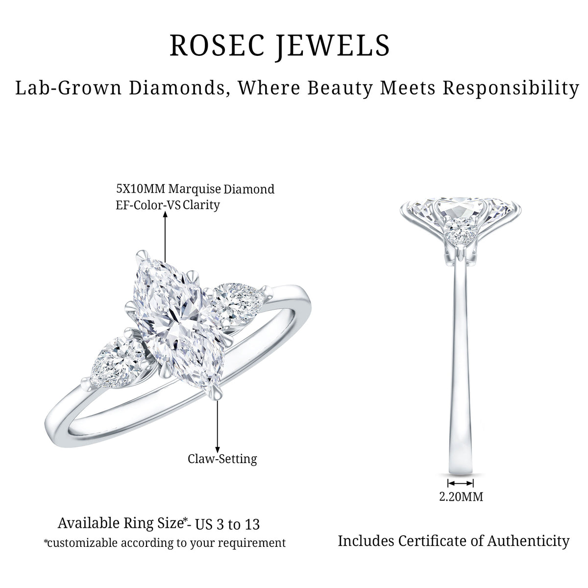 IGI Certified Lab Grown Diamond Three Stone Engagement Ring for Women Lab - ( E-VS1 ) - Rosec Jewels