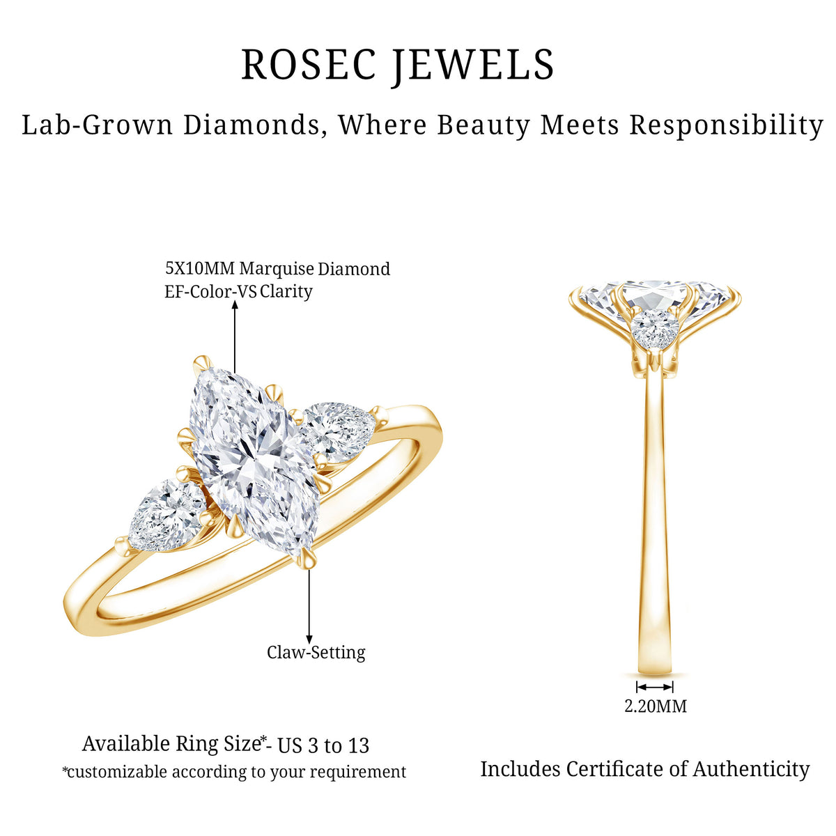 IGI Certified Lab Grown Diamond Three Stone Engagement Ring for Women Lab - ( E-VS1 ) - Rosec Jewels