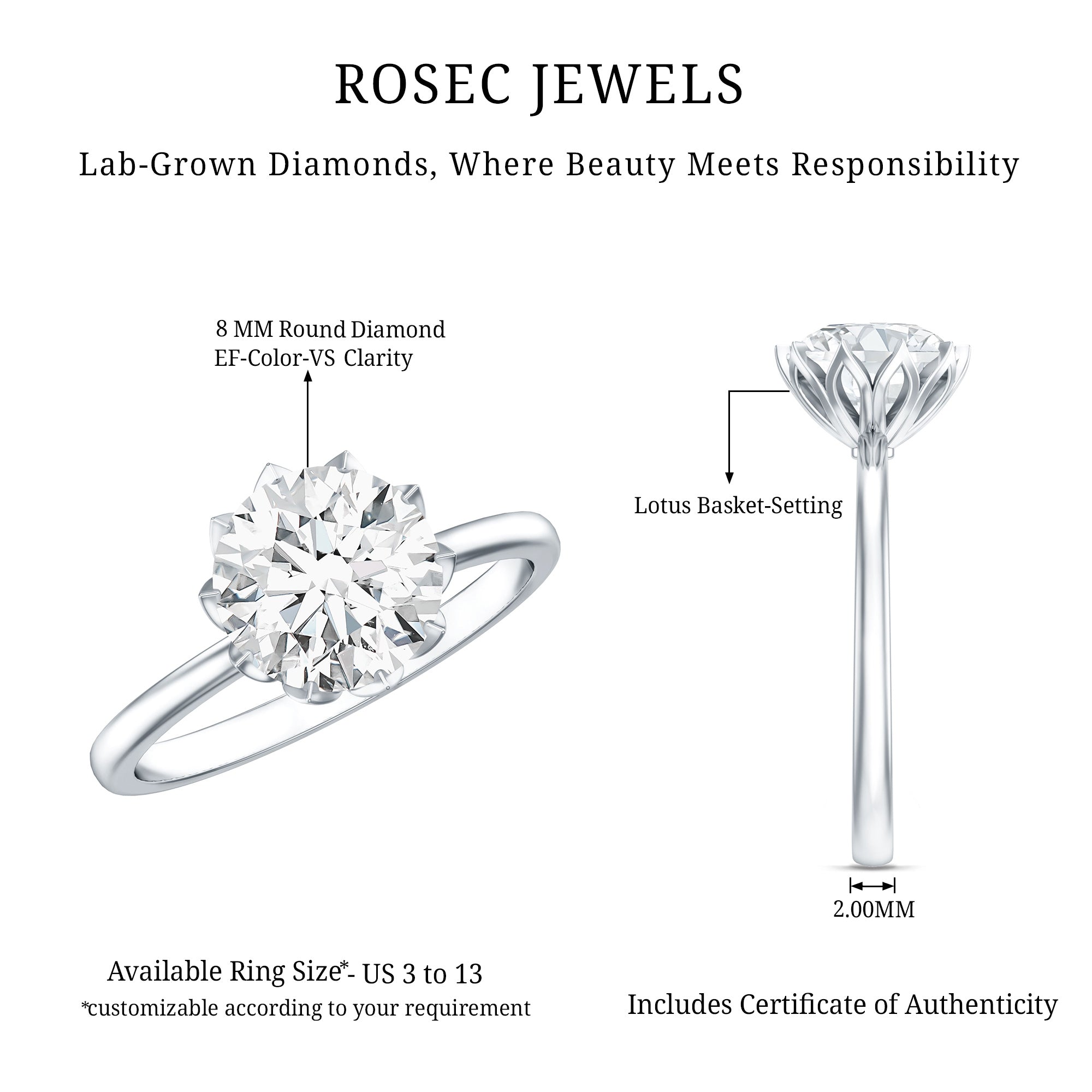 Rosec Jewels-IGI Certified 2 Carat Lab Grown Diamond Lotus Engagement Ring