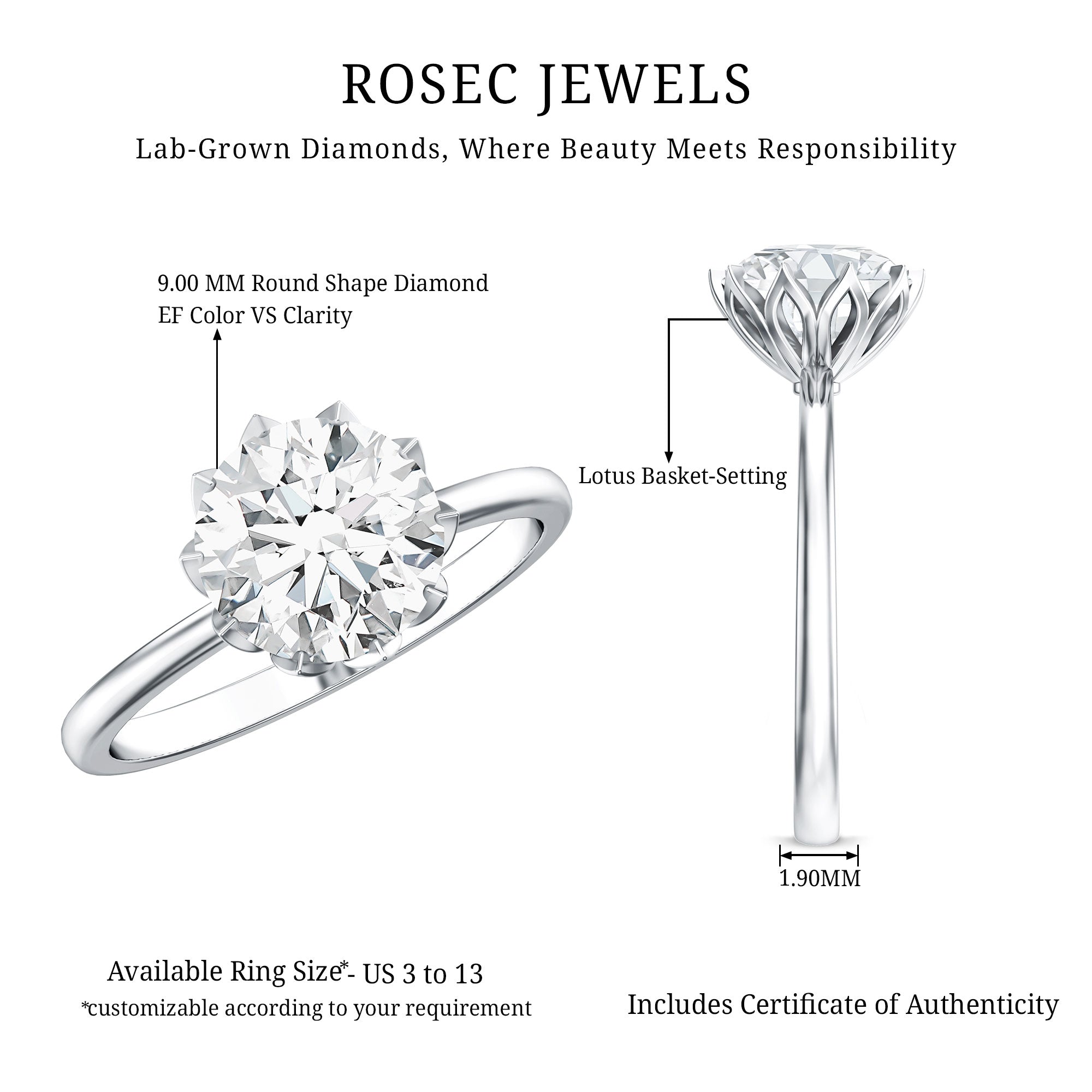 Rosec Jewels-Lotus Basket Set Lab Grown Diamond 3 Carat Engagement Ring with IGI Certificate