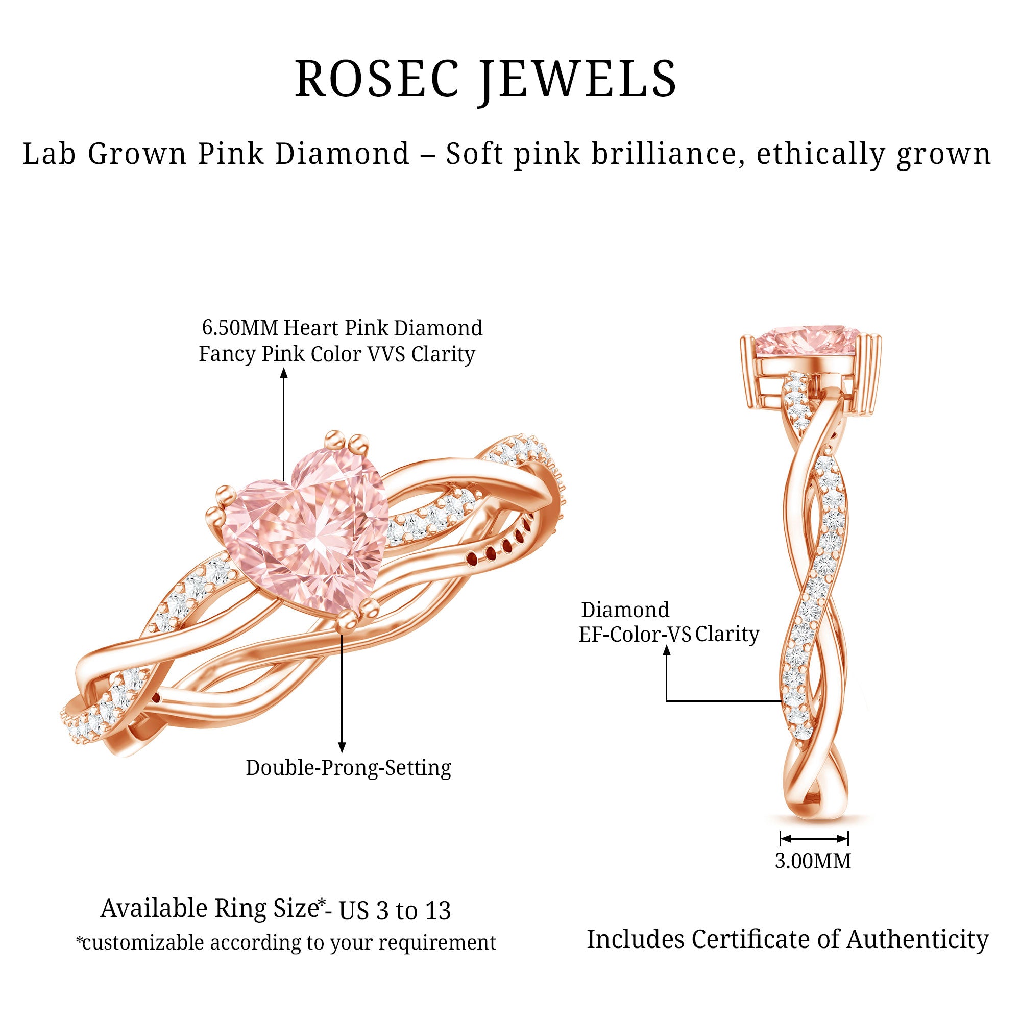 Rosec Jewels-1 CT Lab Grown Pink Diamond Heart Engagement Ring with Crossover Shank