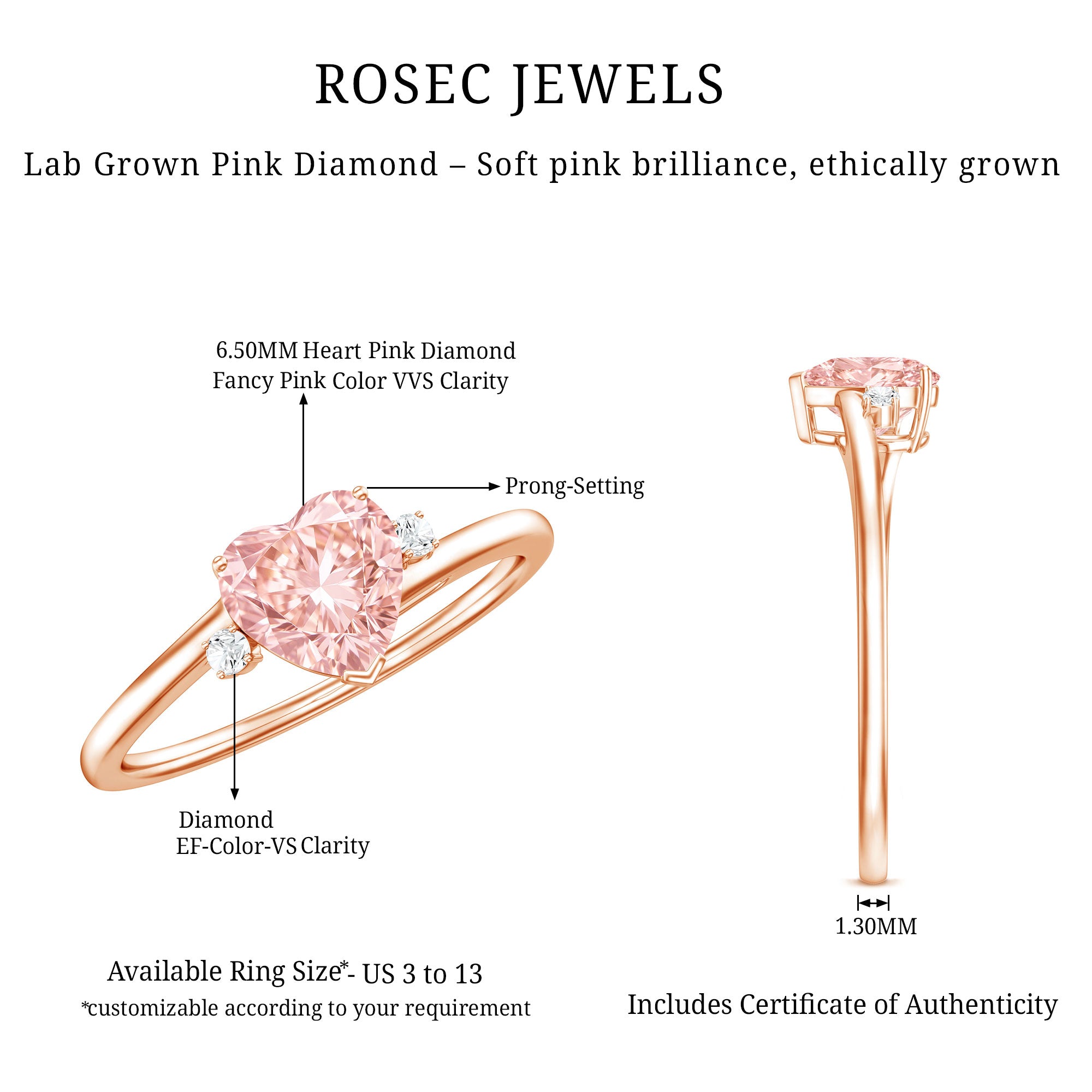 Rosec Jewels-1 CT Lab Grown Pink Diamond Heart Promise Ring
