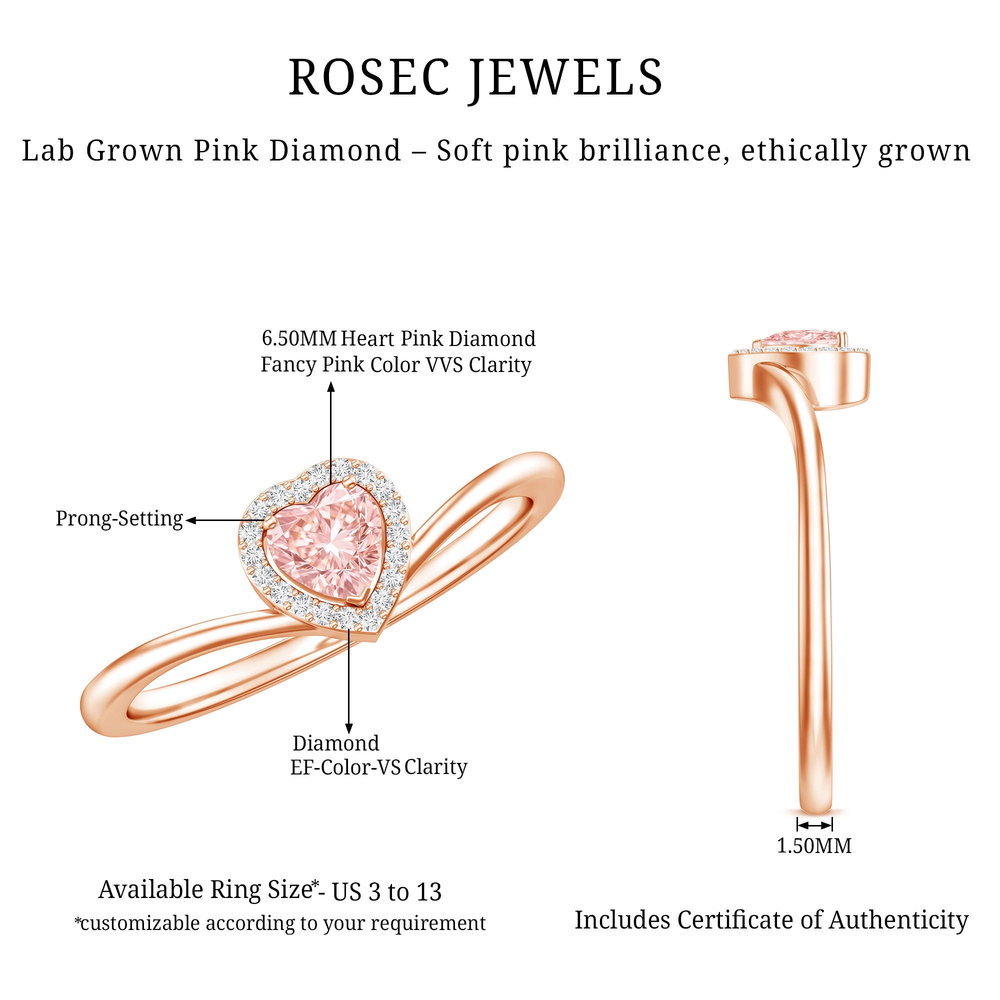 Rosec Jewels-Certified Lab Grown Pink Diamond Heart Promise Ring with Halo