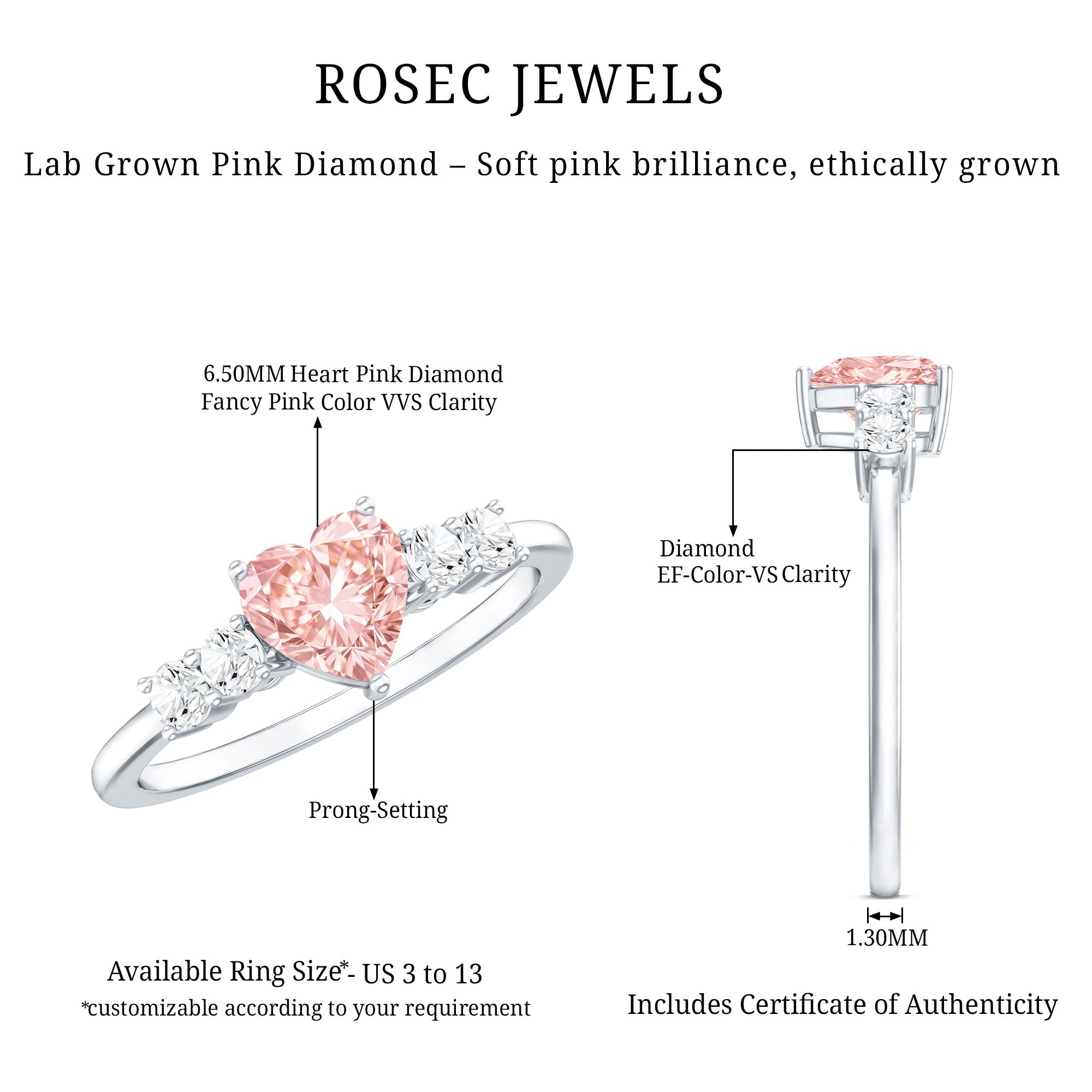 Rosec Jewels-1 Carat Lab Grown Pink and White Diamond Heart Promise Ring for Her