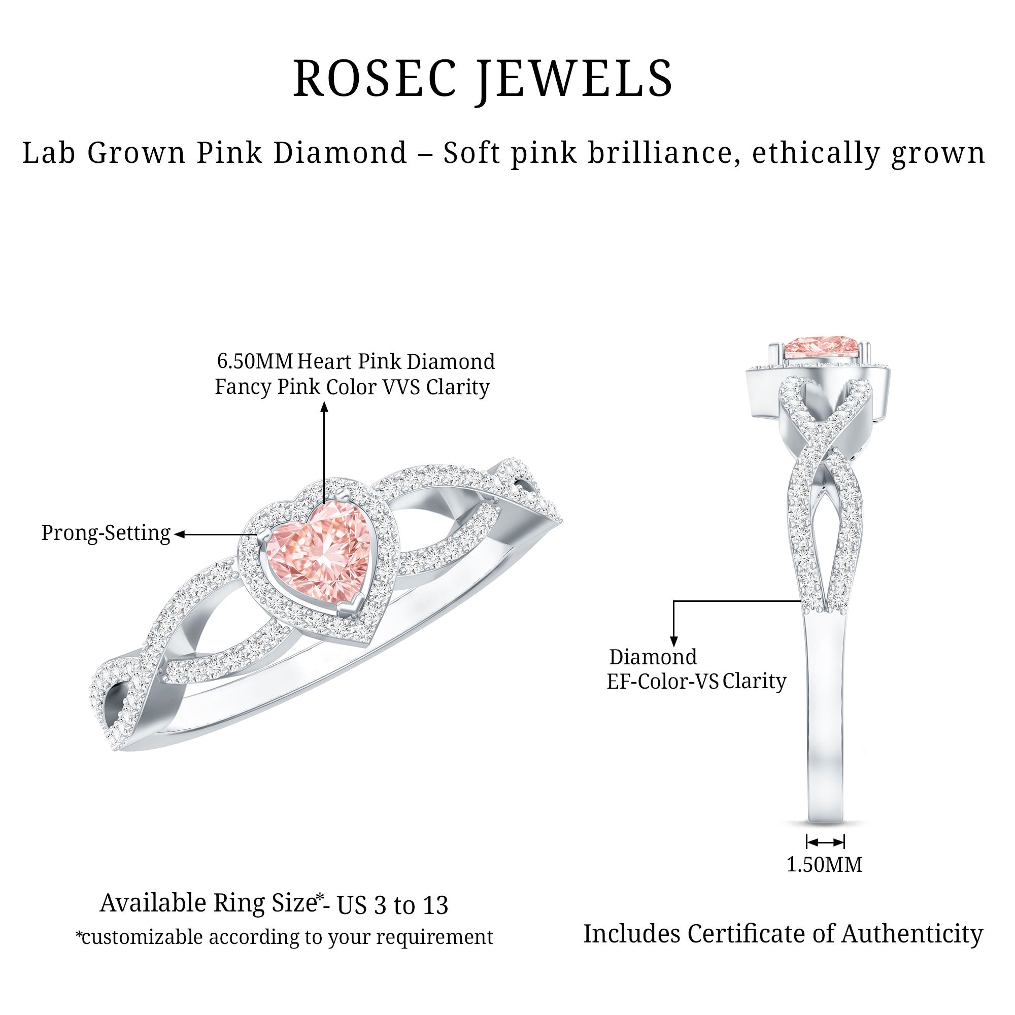 Rosec Jewels-1 Carat Lab Grown Pink and White Diamond Classic Engagement Ring