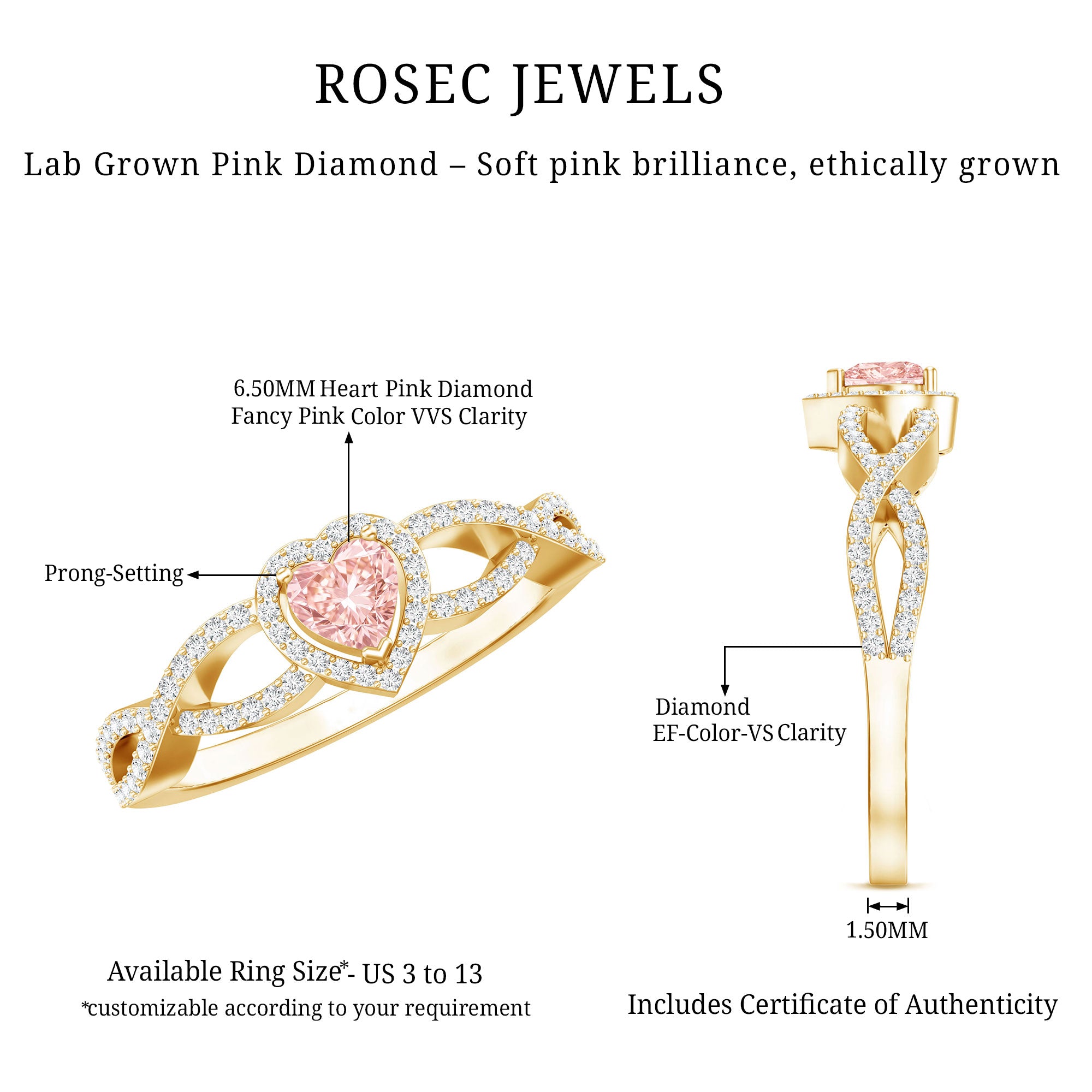 Rosec Jewels-1 Carat Lab Grown Pink and White Diamond Classic Engagement Ring