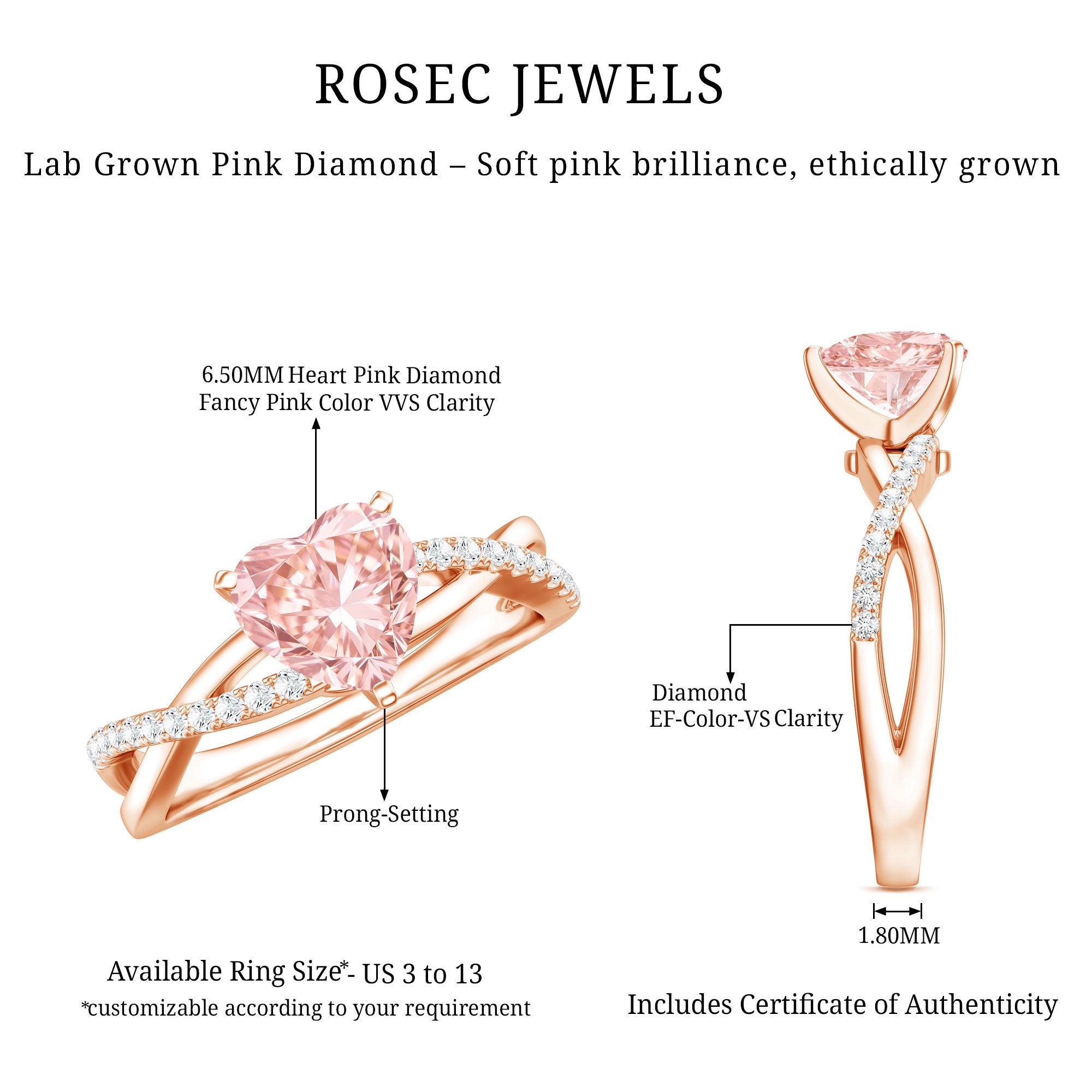 Rosec Jewels-1 CT Solitaire Lab Grown Pink Diamond Heart Engagement Ring