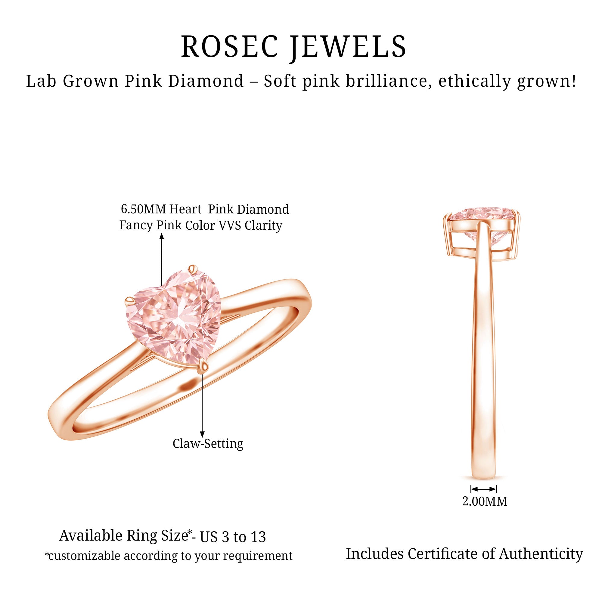 Rosec Jewels-1 CT Lab Grown Pink Diamond Heart Promise Ring with Certificate