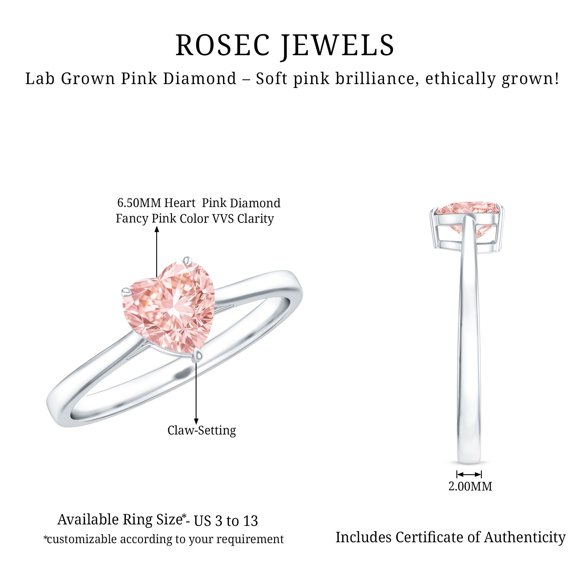 Rosec Jewels-1 CT Lab Grown Pink Diamond Heart Promise Ring with Certificate