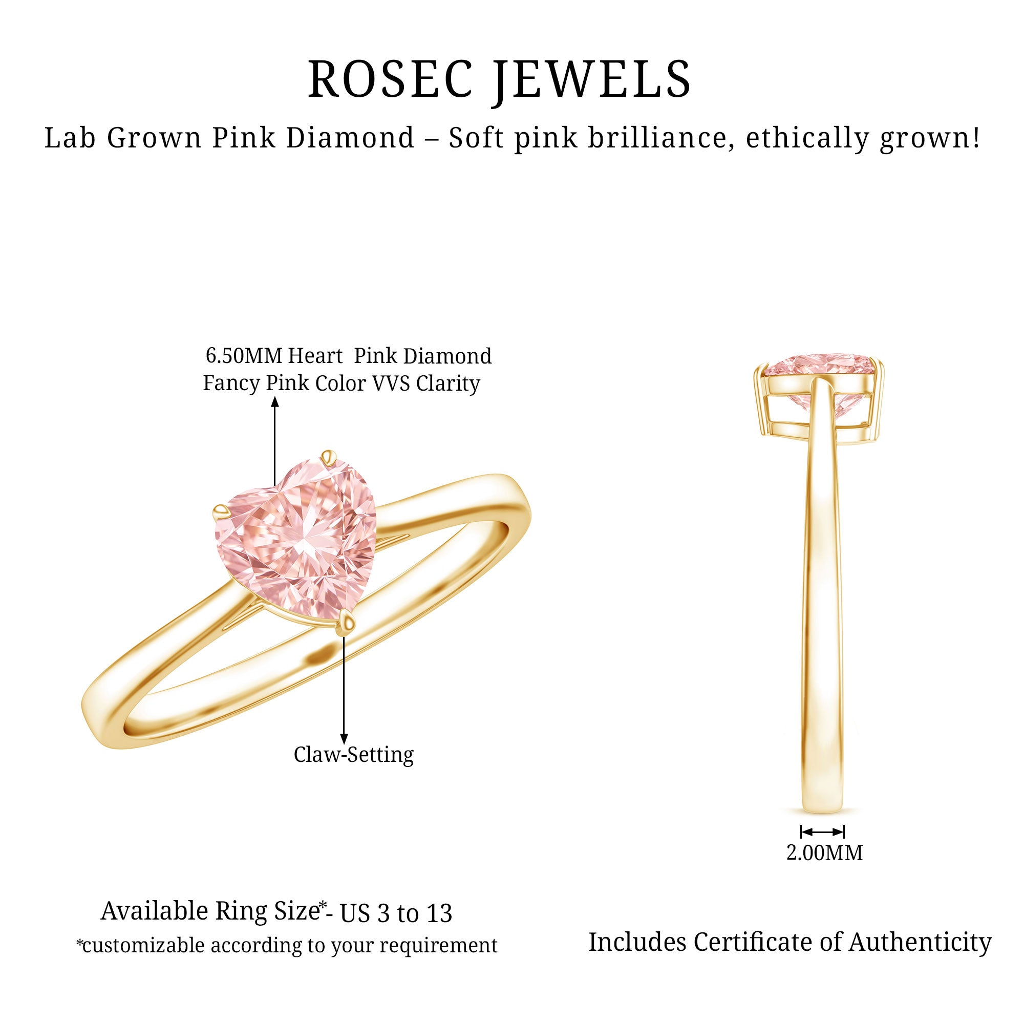 Rosec Jewels-1 CT Lab Grown Pink Diamond Heart Promise Ring with Certificate