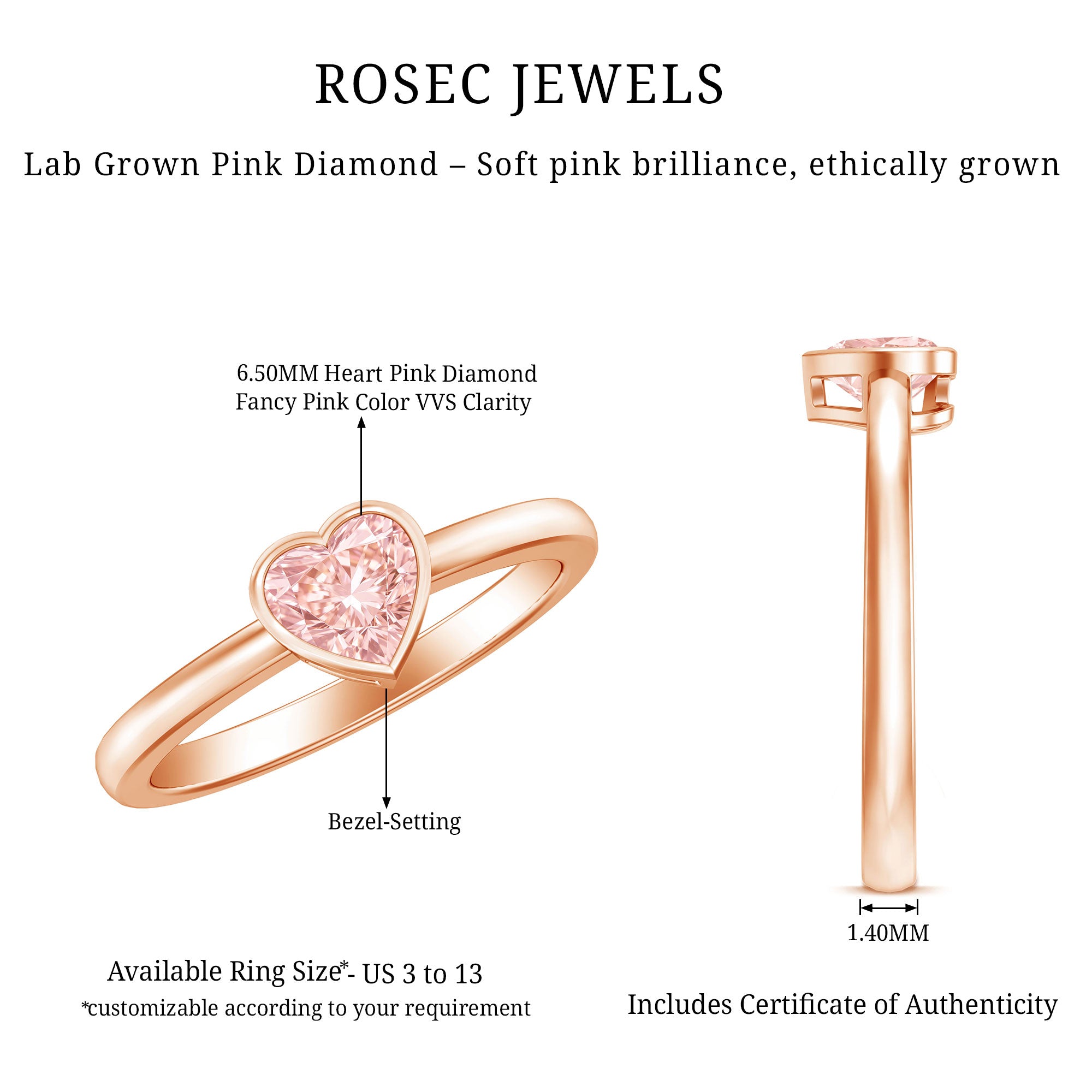 Rosec Jewels-Bezel Set Lab Grown Pink Diamond Solitaire Promise Ring