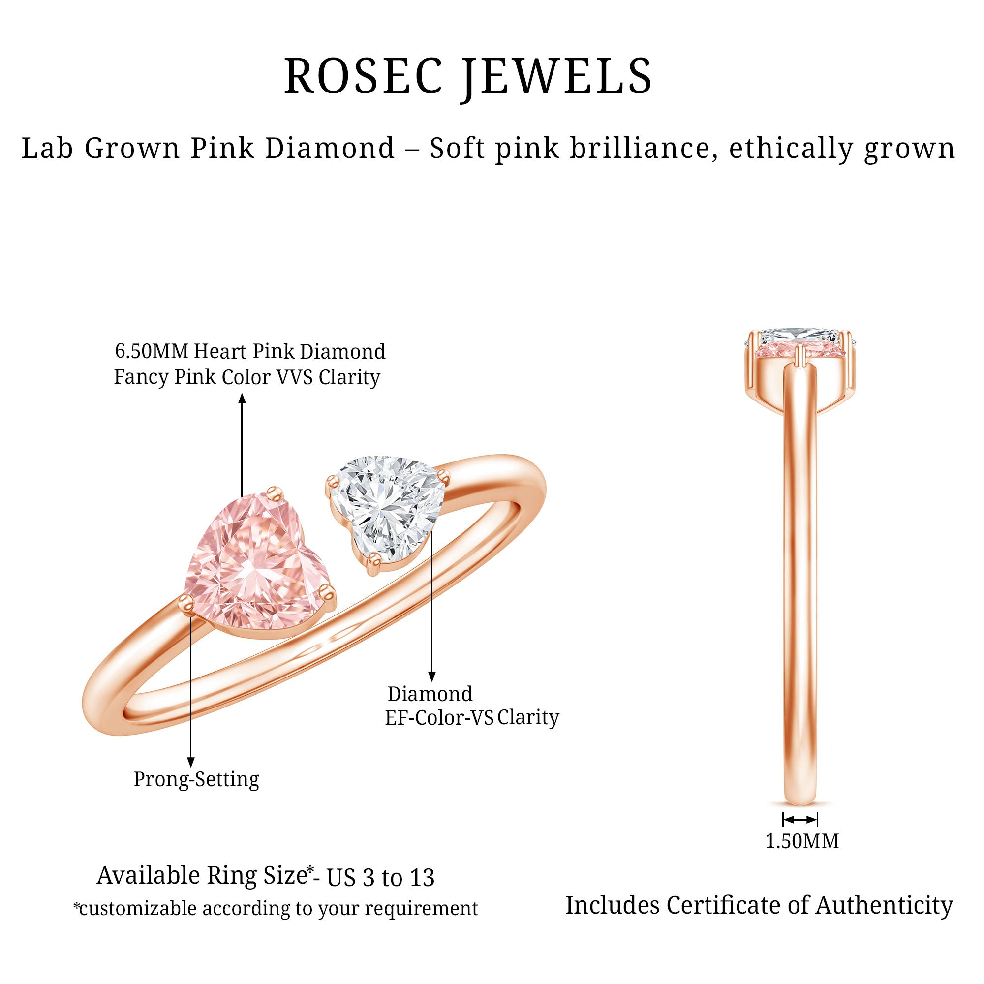 Rosec Jewels-Heart Shape Lab Grown Pink White Diamond Toi Et Moi Promise Ring