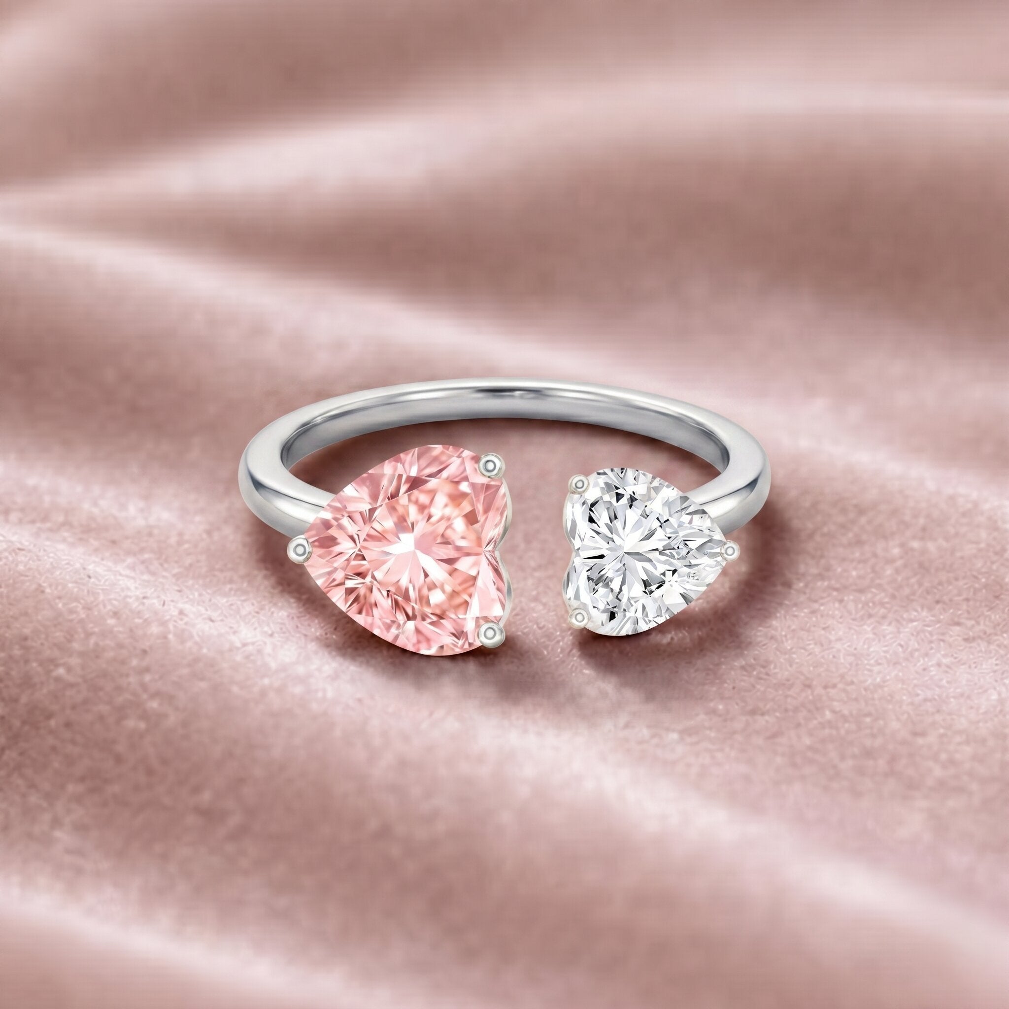 Heart Shape Lab Grown Pink White Diamond Toi Et Moi Promise Ring with IGI Certificate VVS - Rosec Jewels