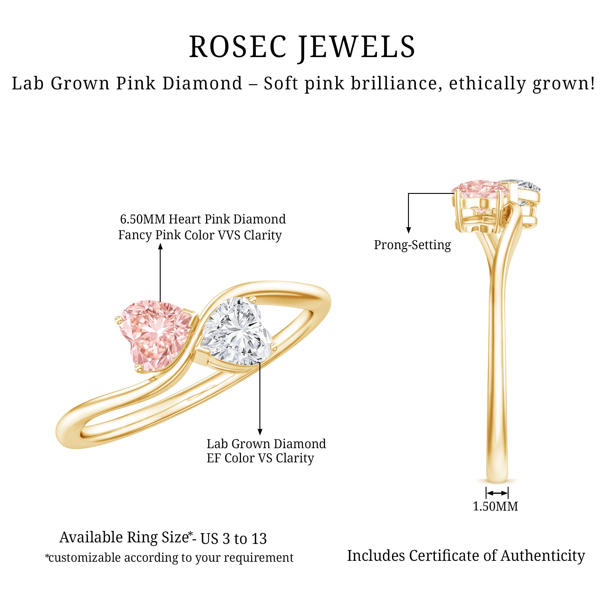 Rosec Jewels-Lab Grown Pink and White Diamond Double Heart Promise Ring