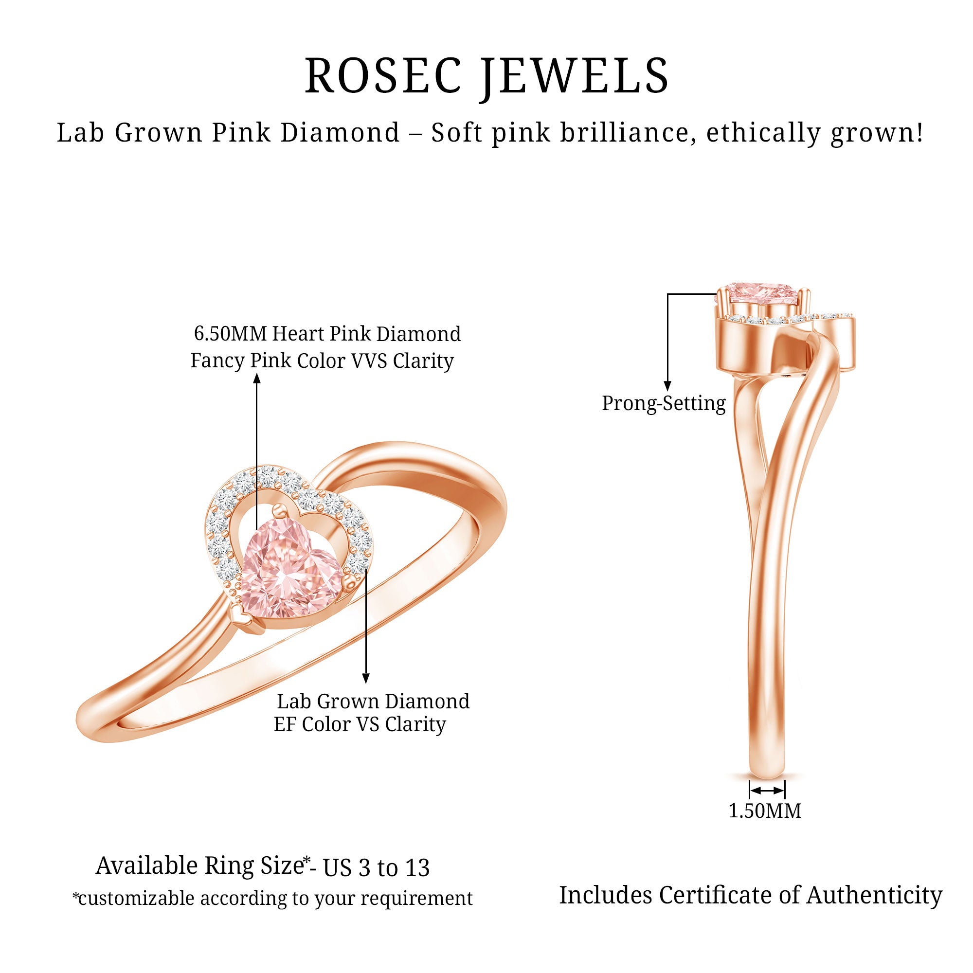 Rosec Jewels-Lab Grown Pink Diamond Heart Promise Ring with Twisted Band