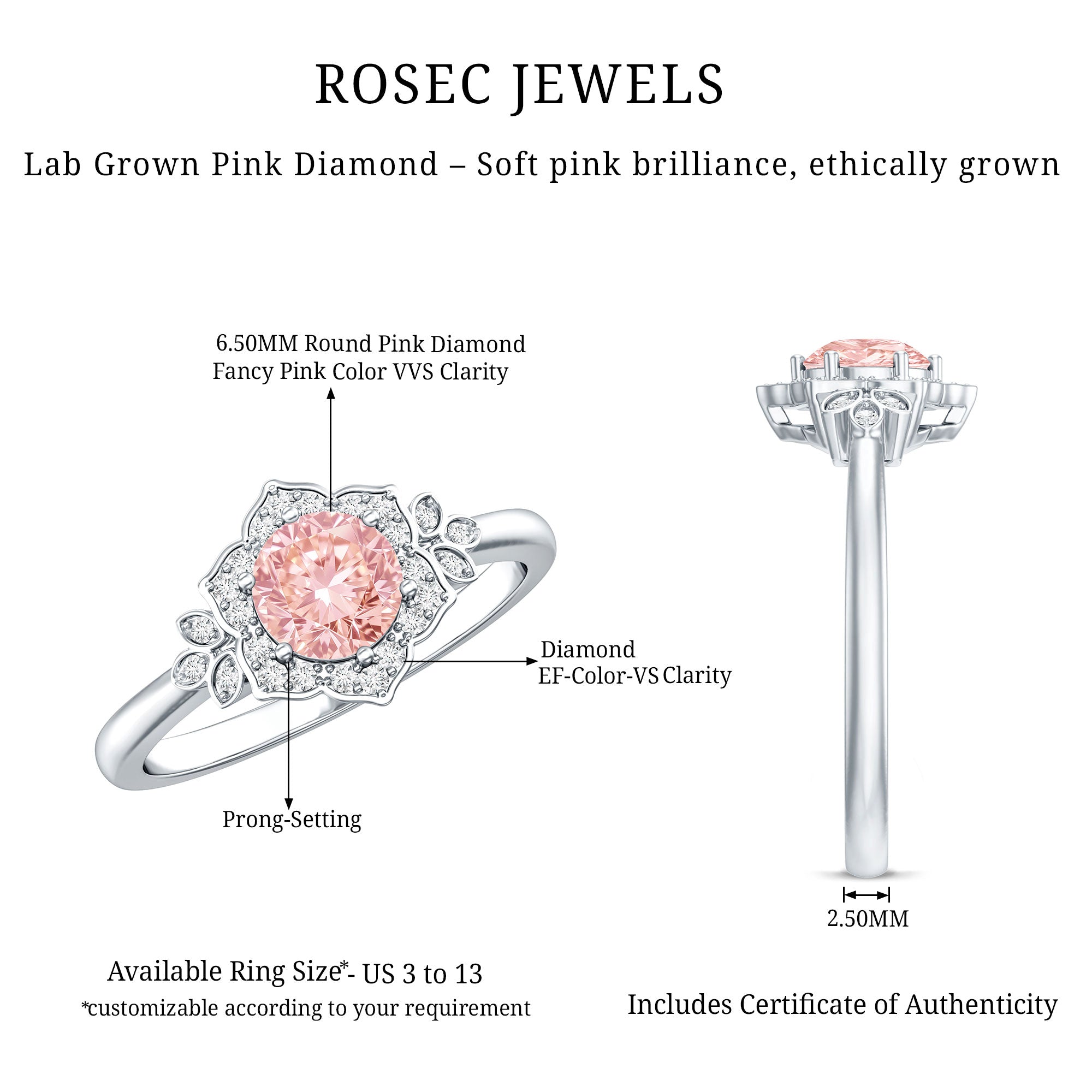 Pink and White Lab Grown Diamond Designer Engagement Ring with IGI Certificate E-VS1 - Rosec Jewels