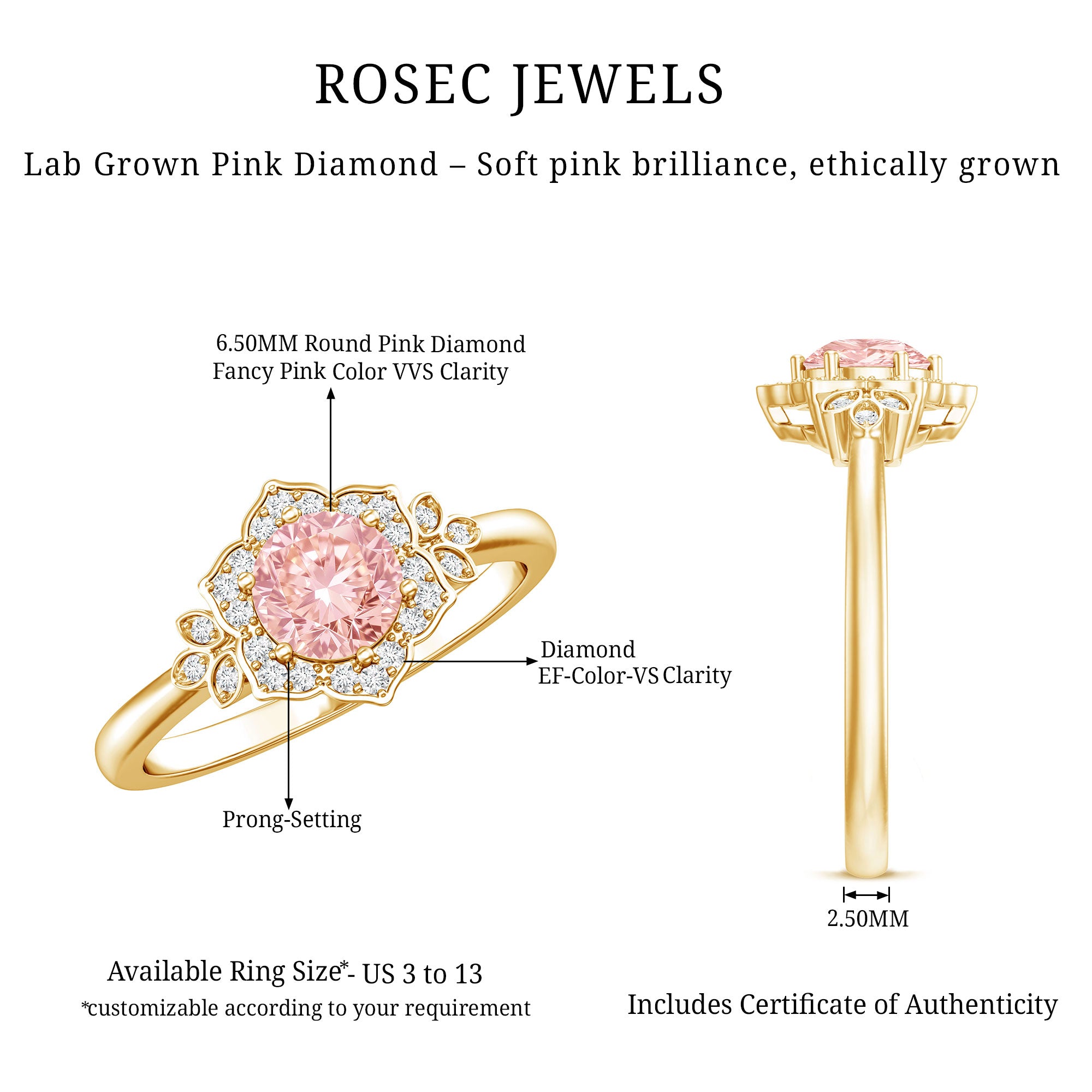 Pink and White Lab Grown Diamond Designer Engagement Ring with IGI Certificate E-VS1 - Rosec Jewels