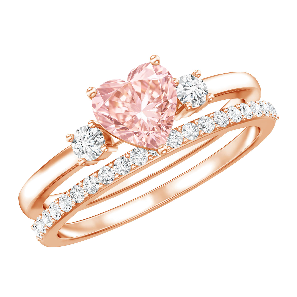 IGI Certified Lab Grown Pink Heart Engagement Ring With Diamond Wedding Band Fancy Pink - VS1 - Rosec Jewels