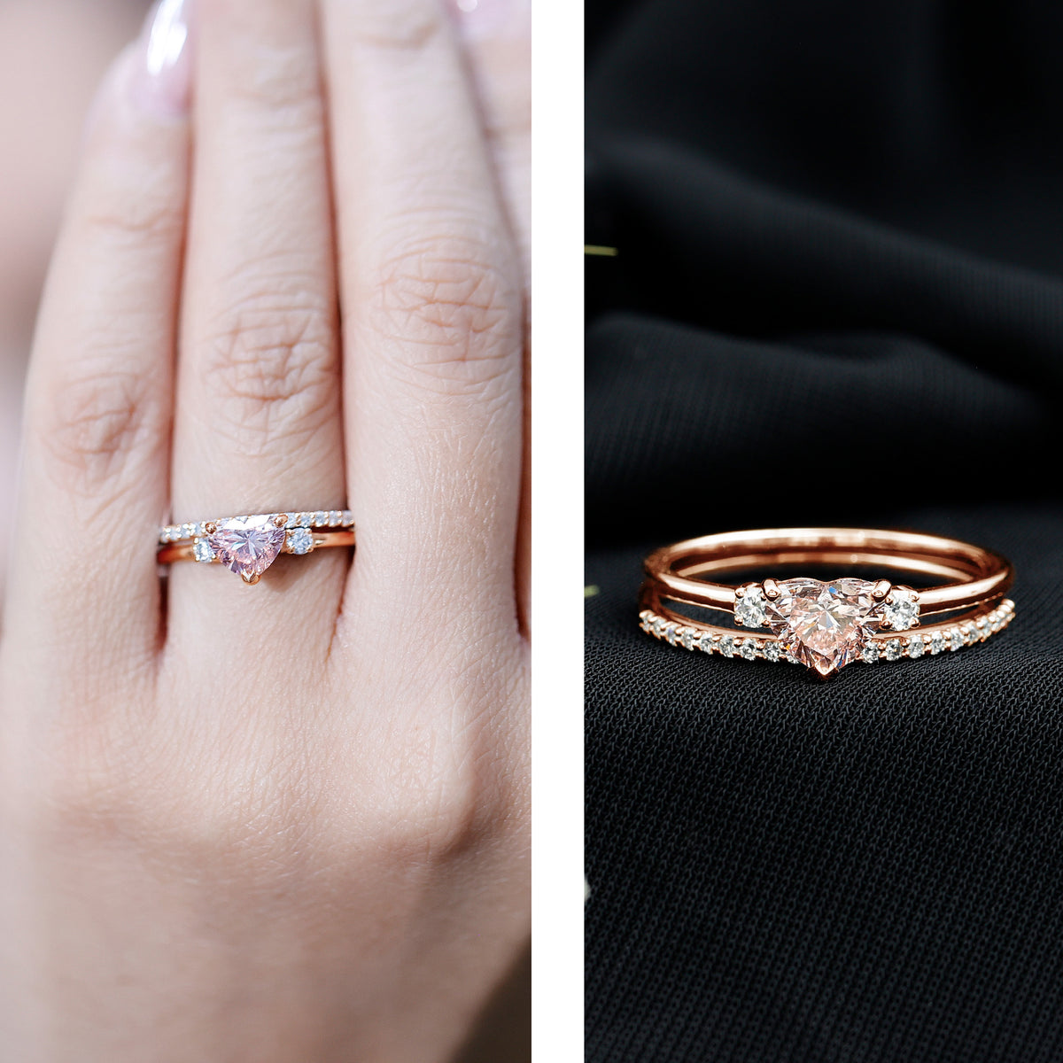 IGI Certified Lab Grown Pink Heart Engagement Ring With Diamond Wedding Band Fancy Pink - VS1 - Rosec Jewels