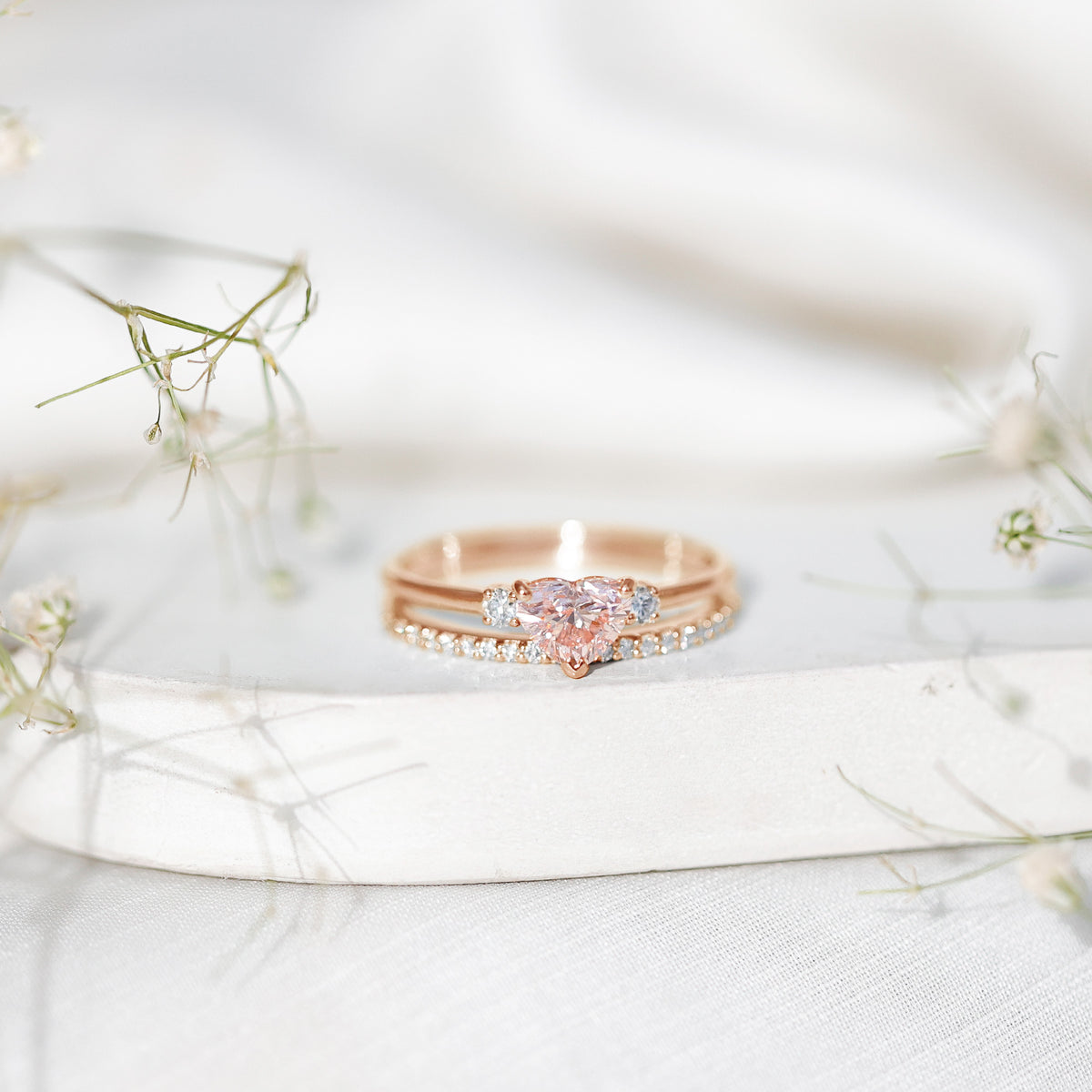 IGI Certified Lab Grown Pink Heart Engagement Ring With Diamond Wedding Band Fancy Pink - VS1 - Rosec Jewels
