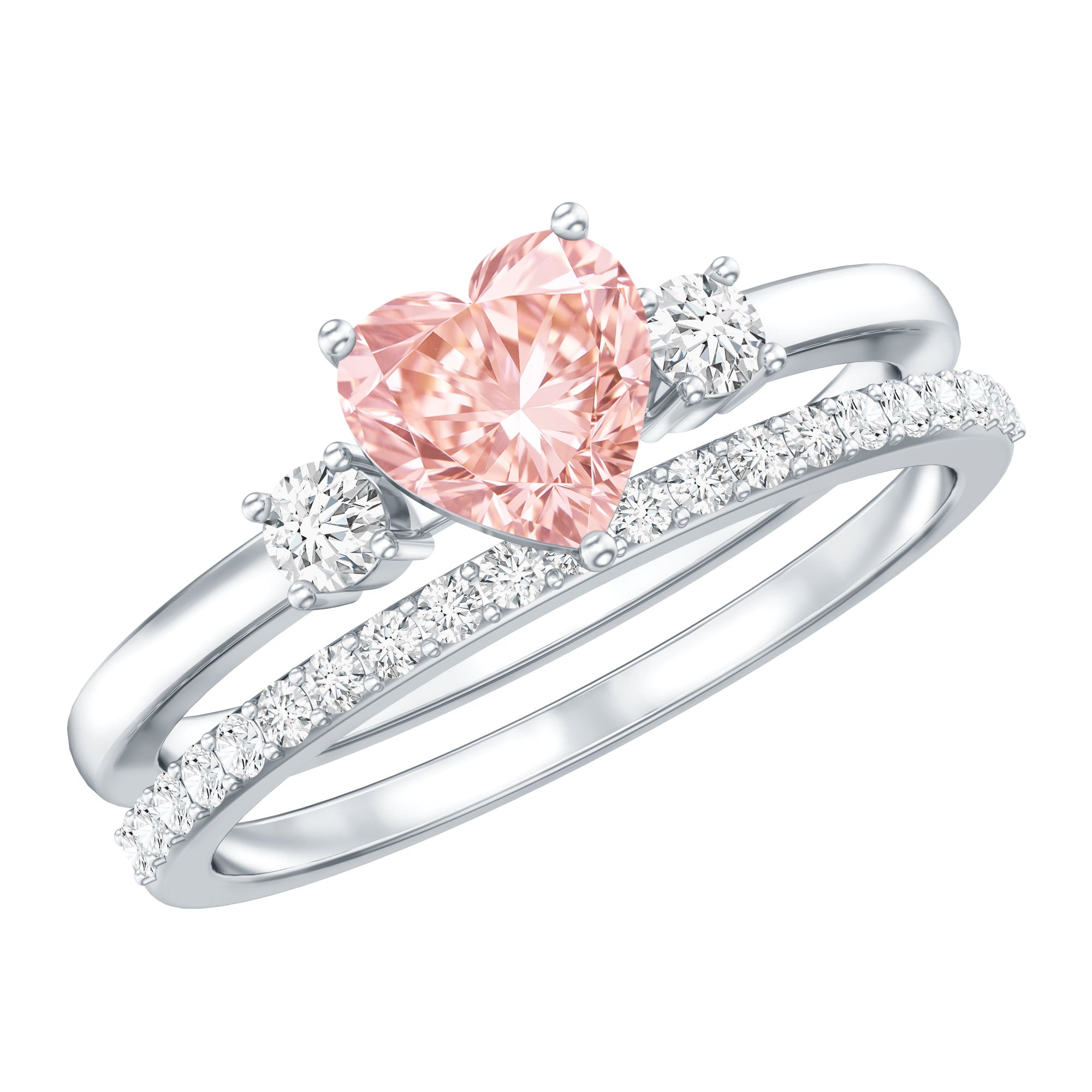 Rosec Jewels-Lab Grown Pink Heart Engagement Ring With Diamond Wedding Band
