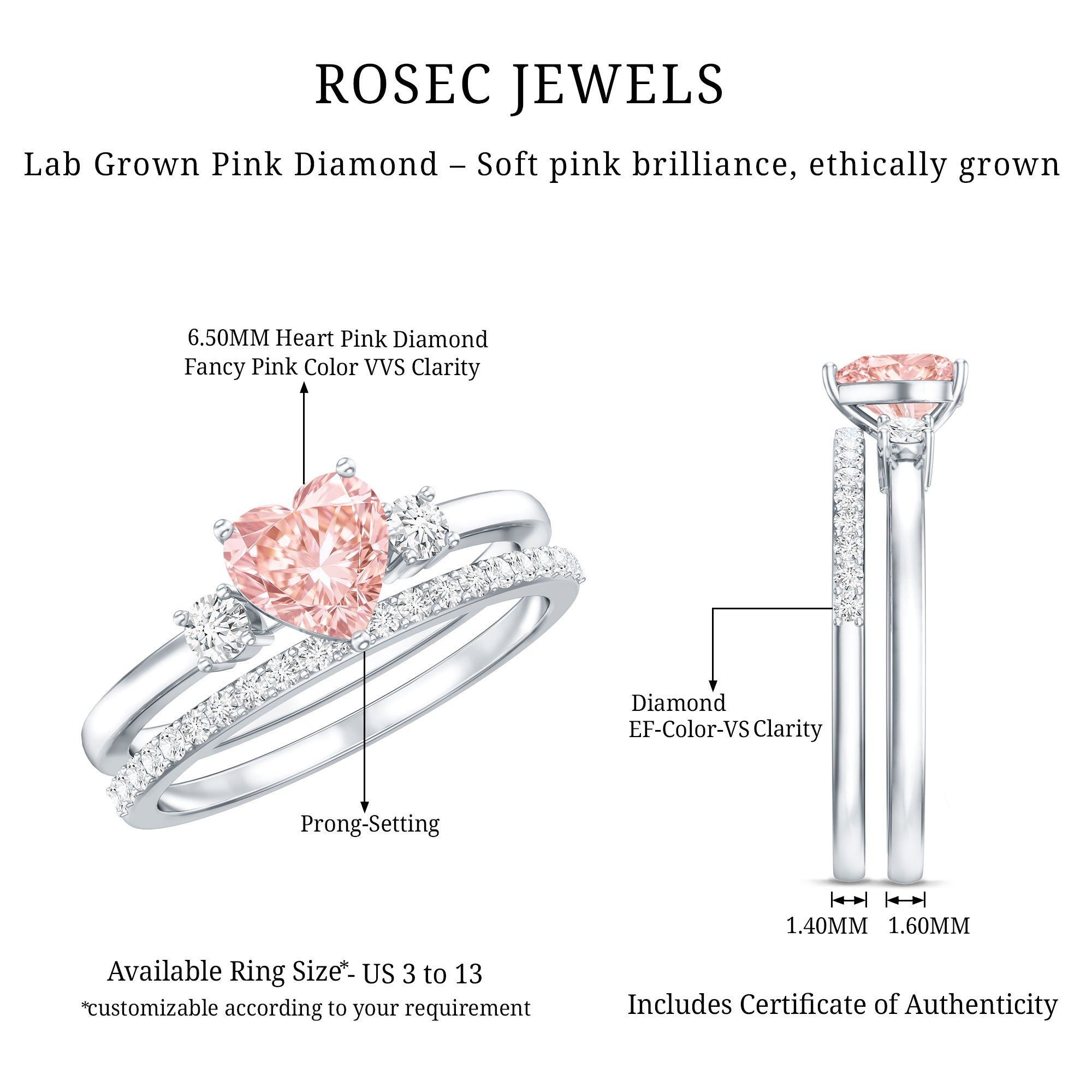 Rosec Jewels-Lab Grown Pink Heart Engagement Ring With Diamond Wedding Band