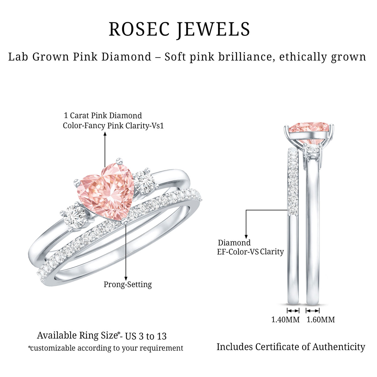 IGI Certified Lab Grown Pink Heart Engagement Ring With Diamond Wedding Band Fancy Pink - VS1 - Rosec Jewels