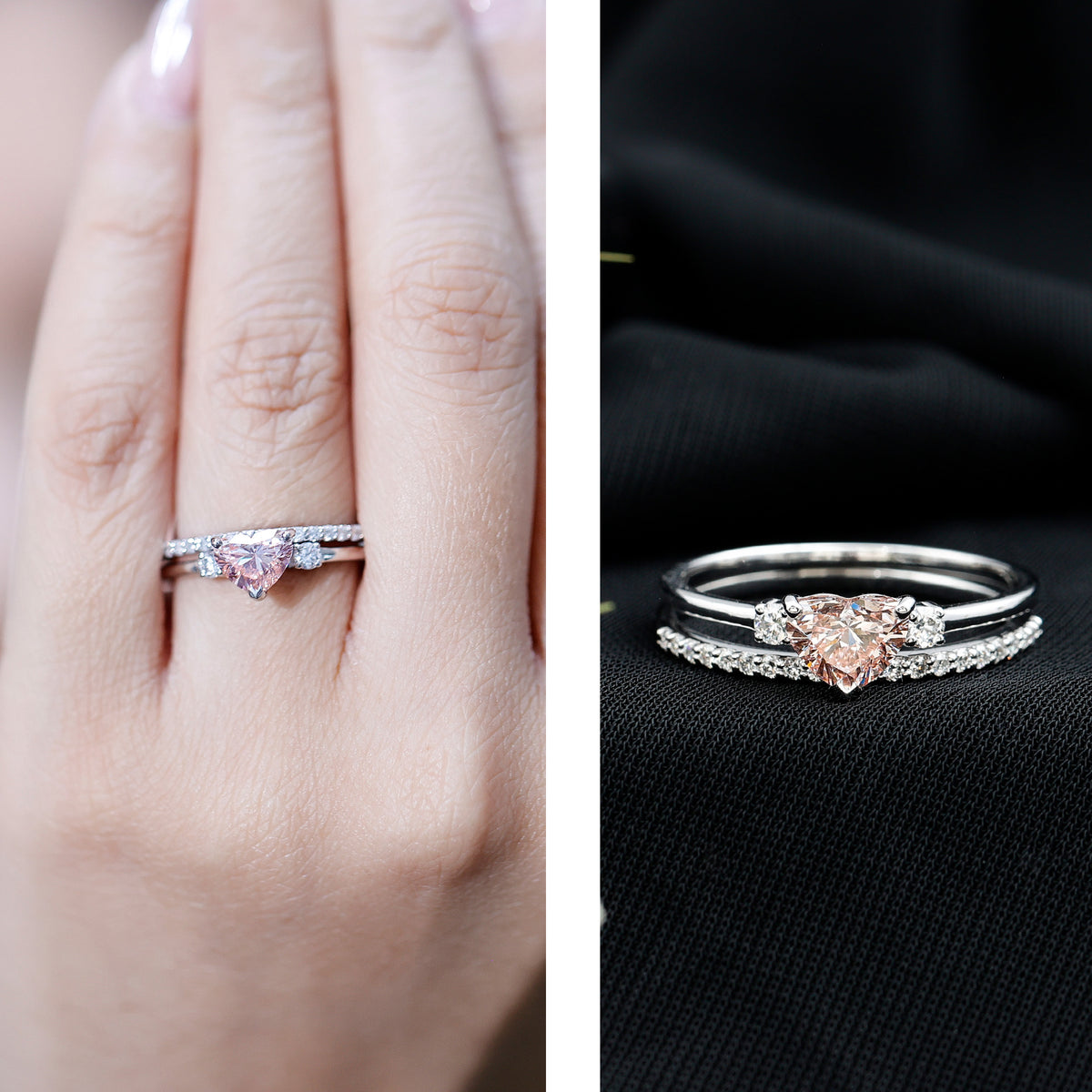 IGI Certified Lab Grown Pink Heart Engagement Ring With Diamond Wedding Band Fancy Pink - VS1 - Rosec Jewels