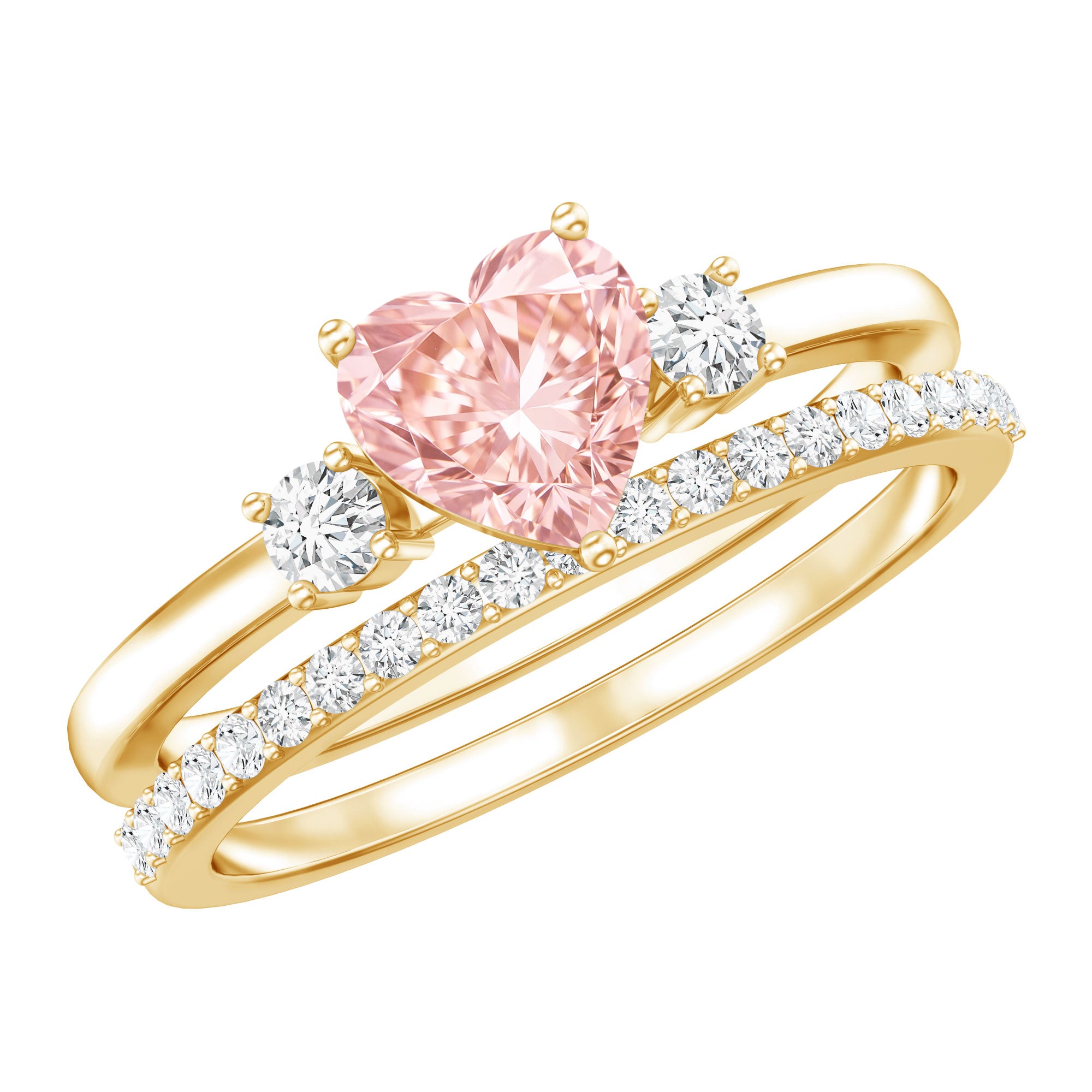 Rosec Jewels-Lab Grown Pink Heart Engagement Ring With Diamond Wedding Band
