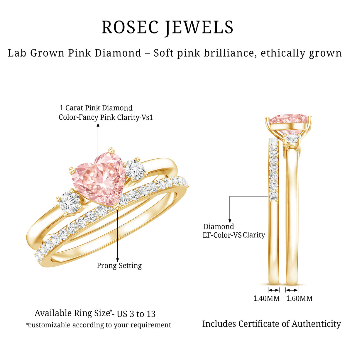IGI Certified Lab Grown Pink Heart Engagement Ring With Diamond Wedding Band Fancy Pink - VS1 - Rosec Jewels