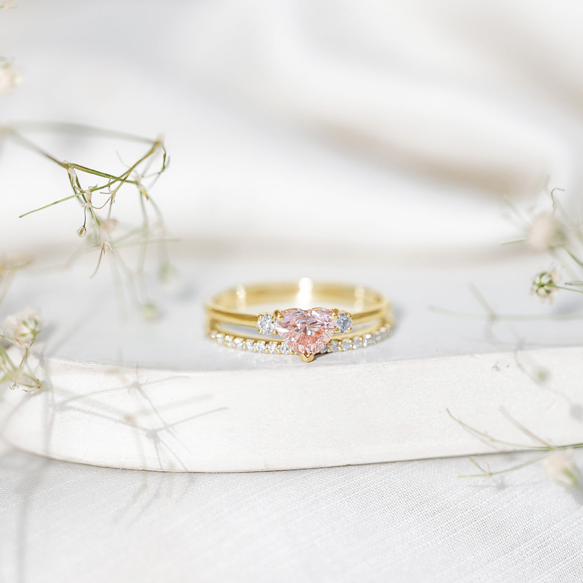 IGI Certified Lab Grown Pink Heart Engagement Ring With Diamond Wedding Band Fancy Pink - VS1 - Rosec Jewels
