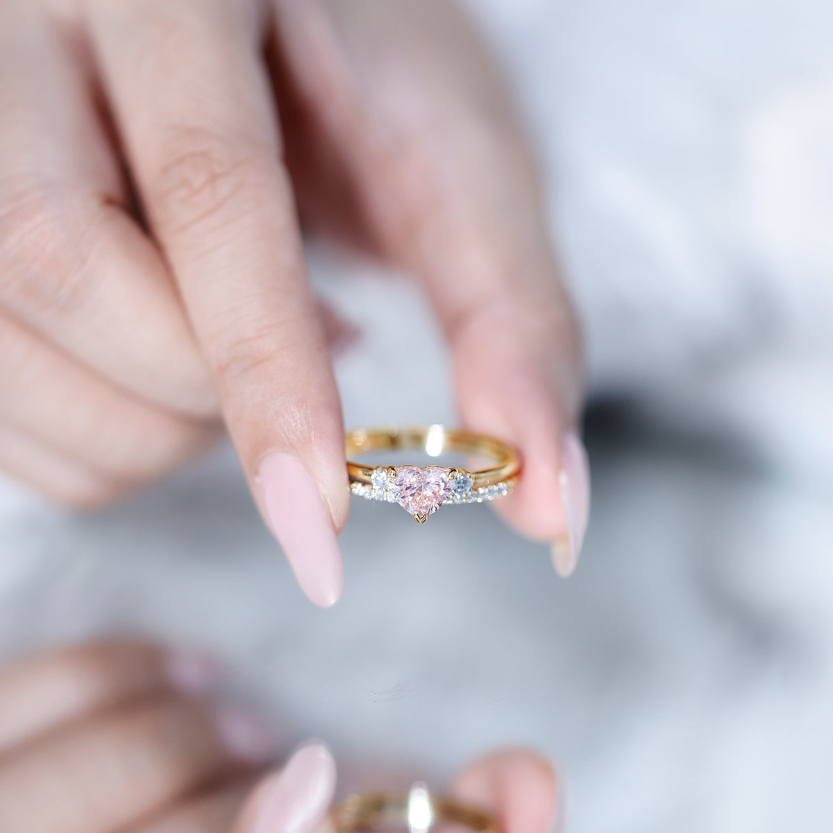 IGI Certified Lab Grown Pink Heart Engagement Ring With Diamond Wedding Band Fancy Pink - VS1 - Rosec Jewels