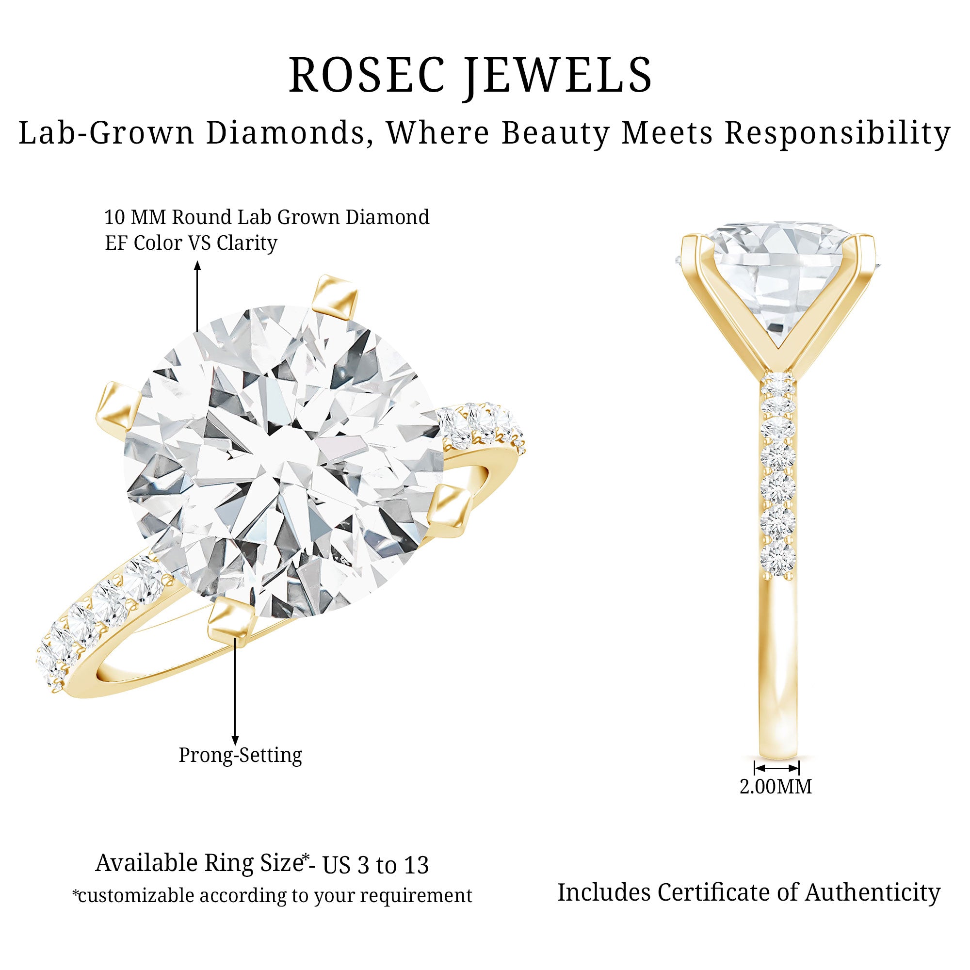 Rosec Jewels-Lab Grown 4 Carat Diamond Solitaire Engagement Ring with IGI Certificate
