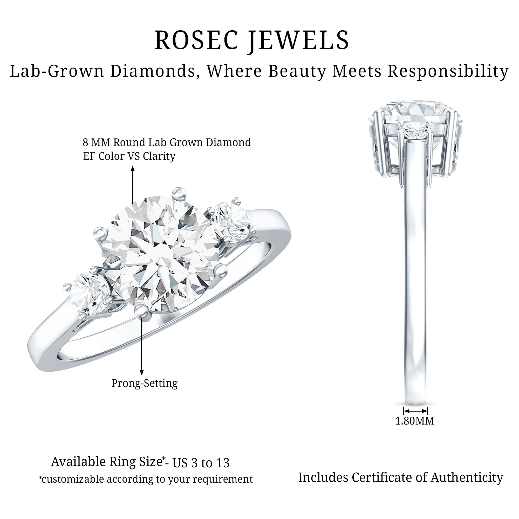 Rosec Jewels-IGI Certified Round Cut Lab Grown Diamond 2 Carat Engagement Ring