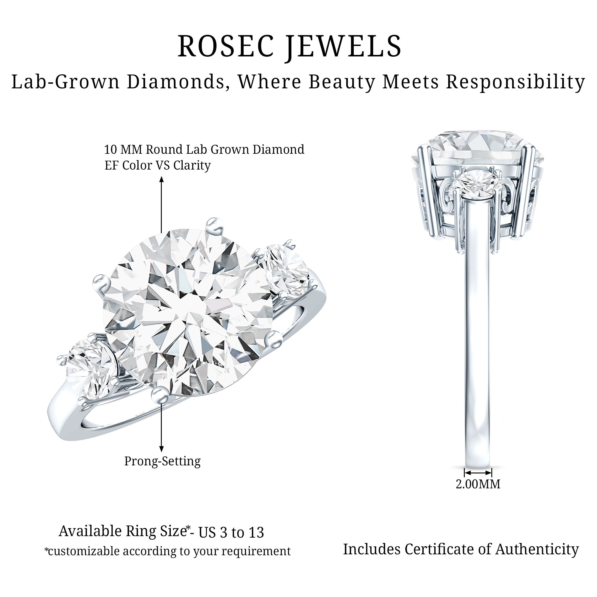 Rosec Jewels-Lab Grown Diamond 3 Stone Engagement Ring With IGI Certificate