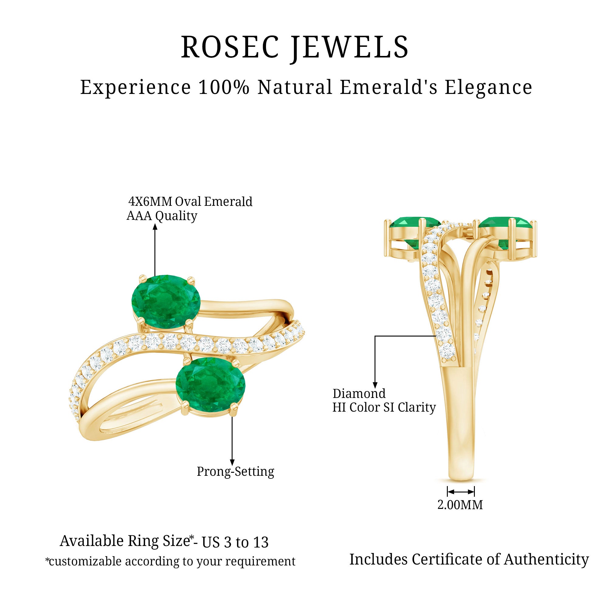 Natural Certified Emerald Two Stone Engagement Ring with Diamonds AAA - Rosec Jewels