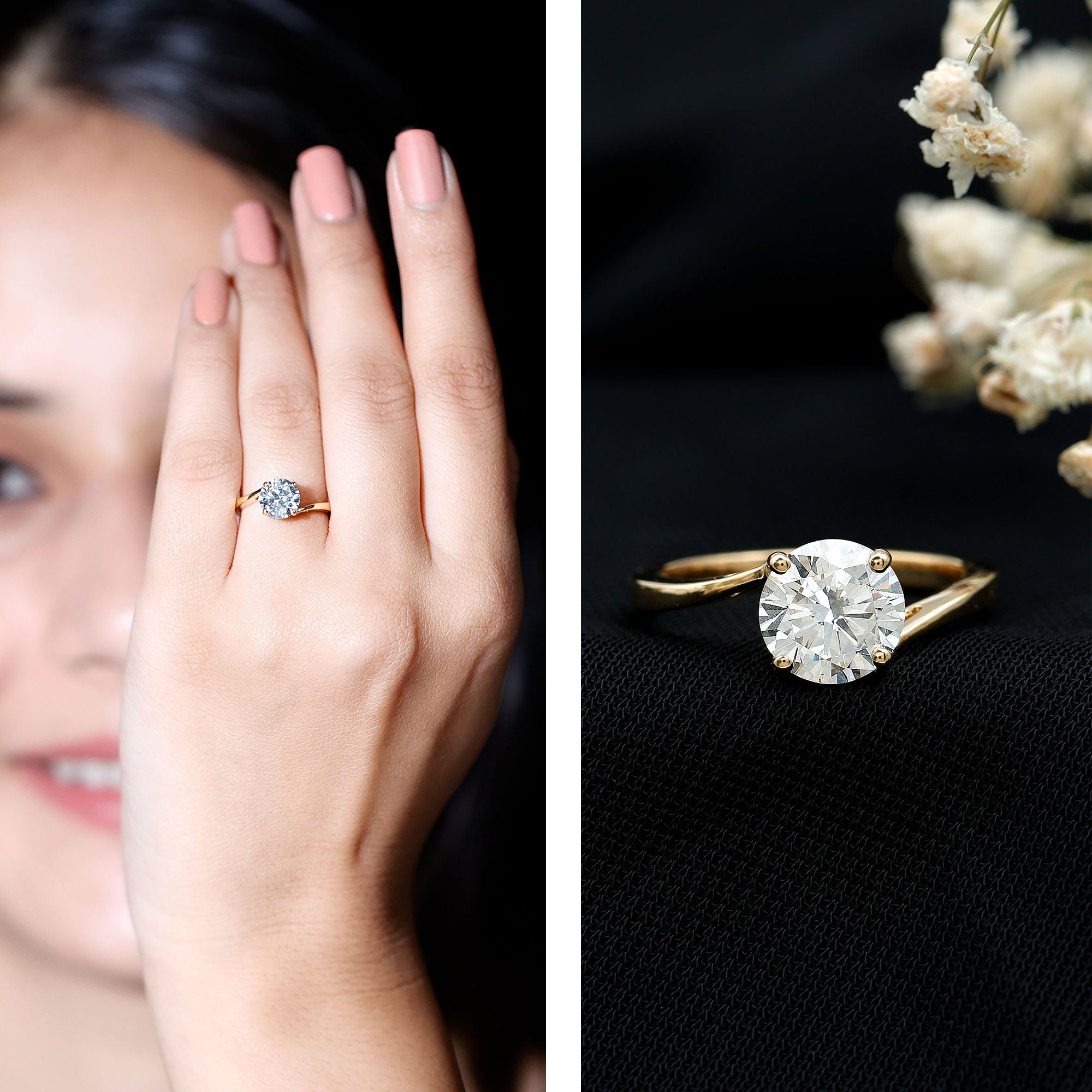 Certified Moissanite Solitaire Engagement Ring with Bypass Shank D-VS1 - Rosec Jewels