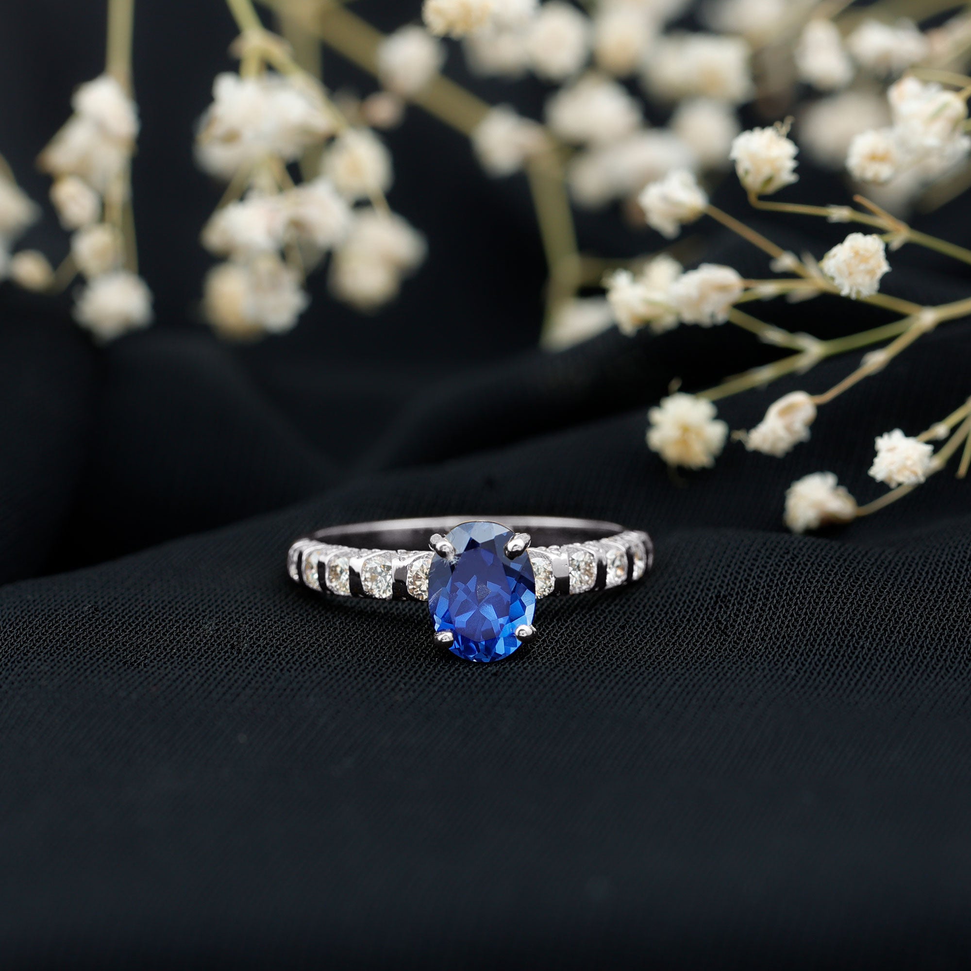 Certified 1.5 Carat Oval Lab Grown Blue Sapphire Engagement Ring with Diamond AAAA - Rosec Jewels