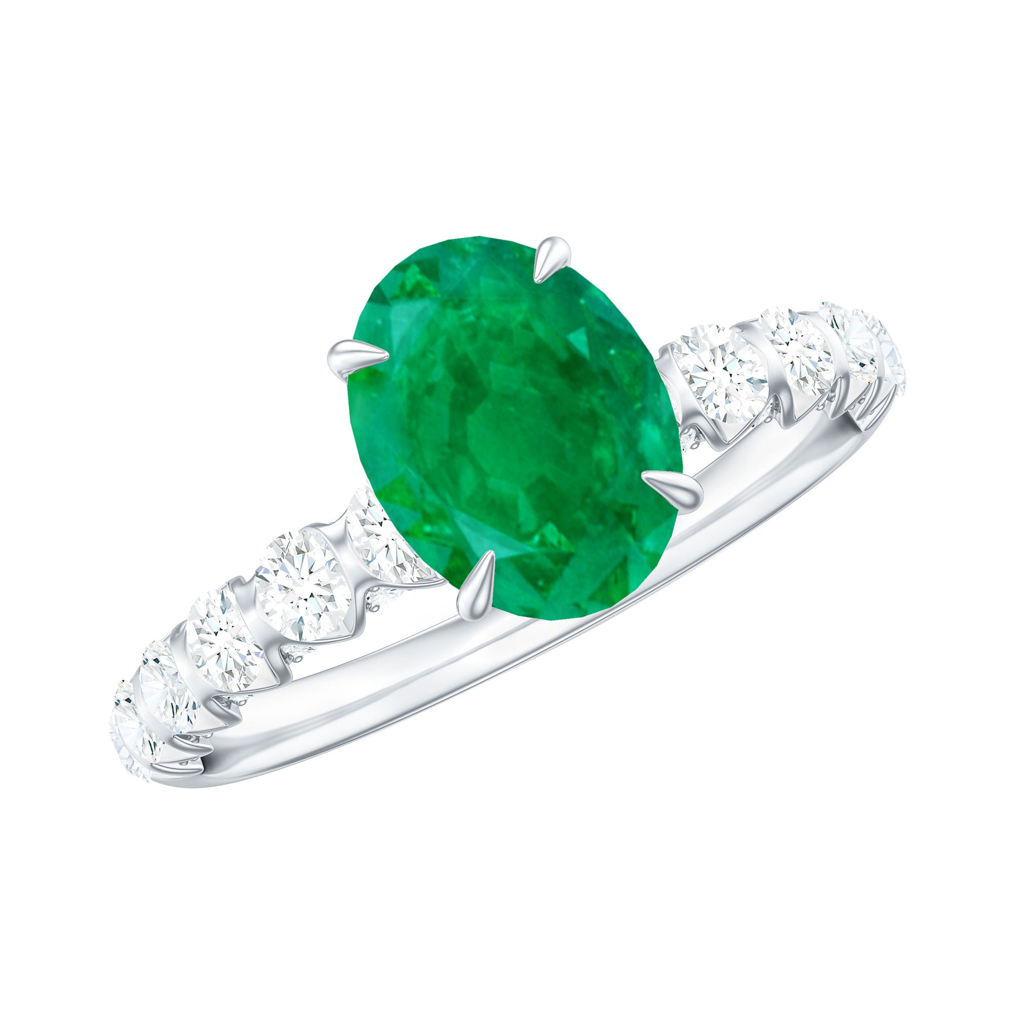 Natural 6X8mm Emerald Oval Engagement Ring with Diamond Side Stones AAA - Rosec Jewels