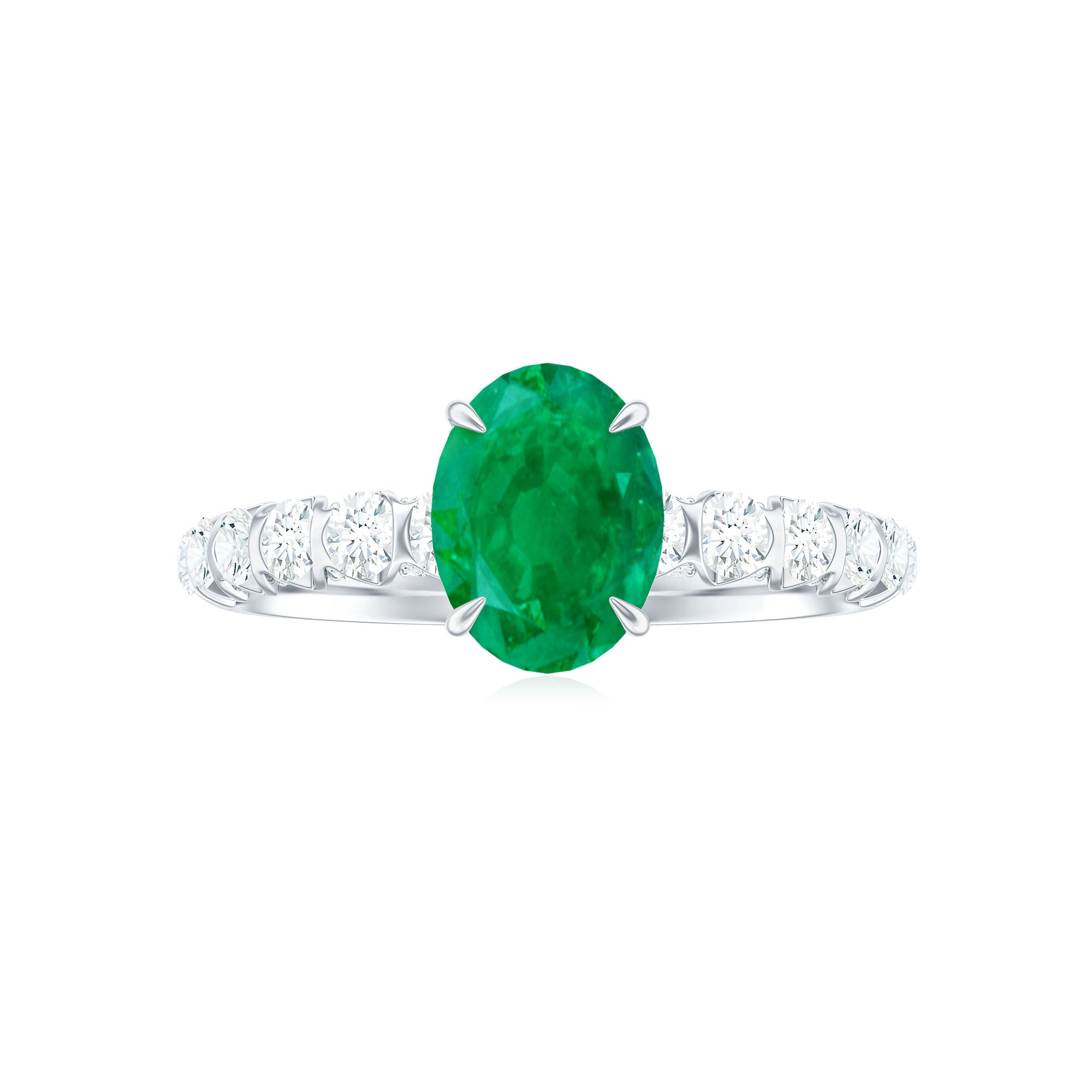 Natural 6X8mm Emerald Oval Engagement Ring with Diamond Side Stones AAA - Rosec Jewels