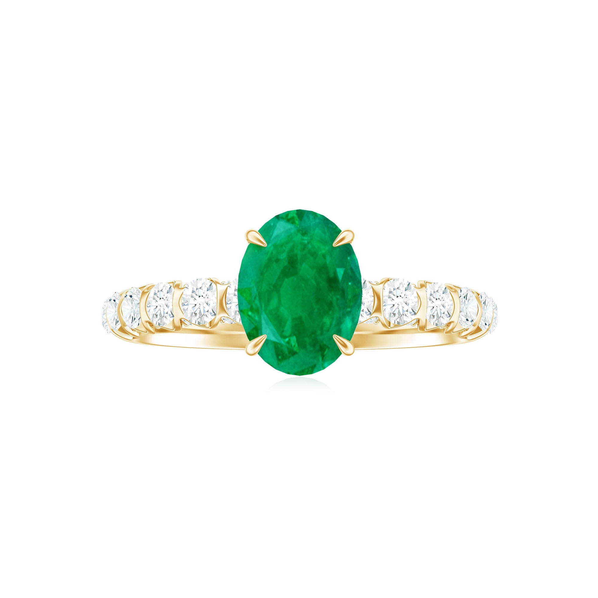Natural 6X8mm Emerald Oval Engagement Ring with Diamond Side Stones AAA - Rosec Jewels