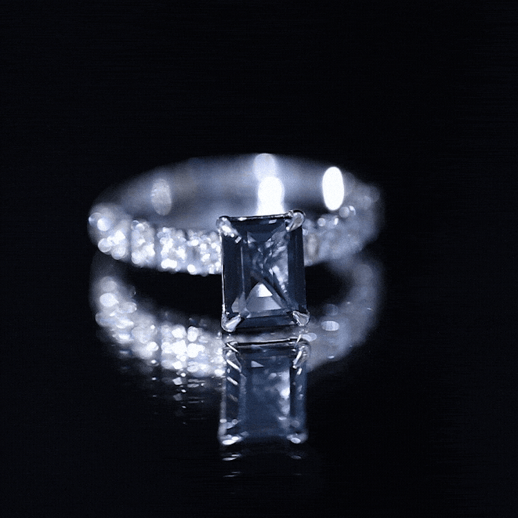 6X8mm Emerald Cut London Blue Topaz Engagement Ring with Diamond Side Stones AAA - Rosec Jewels