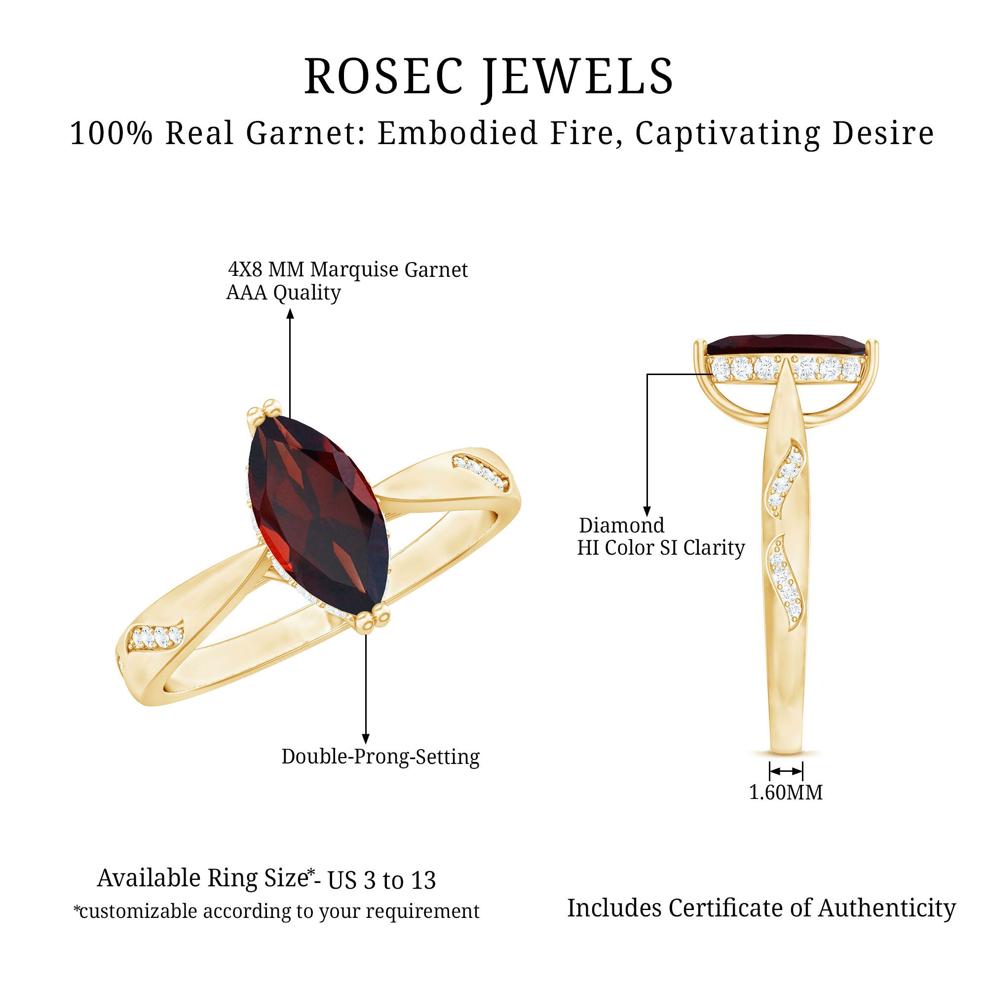 Rosec Jewels-Natural Solitaire Garnet Marquise Engagement Ring with Diamond