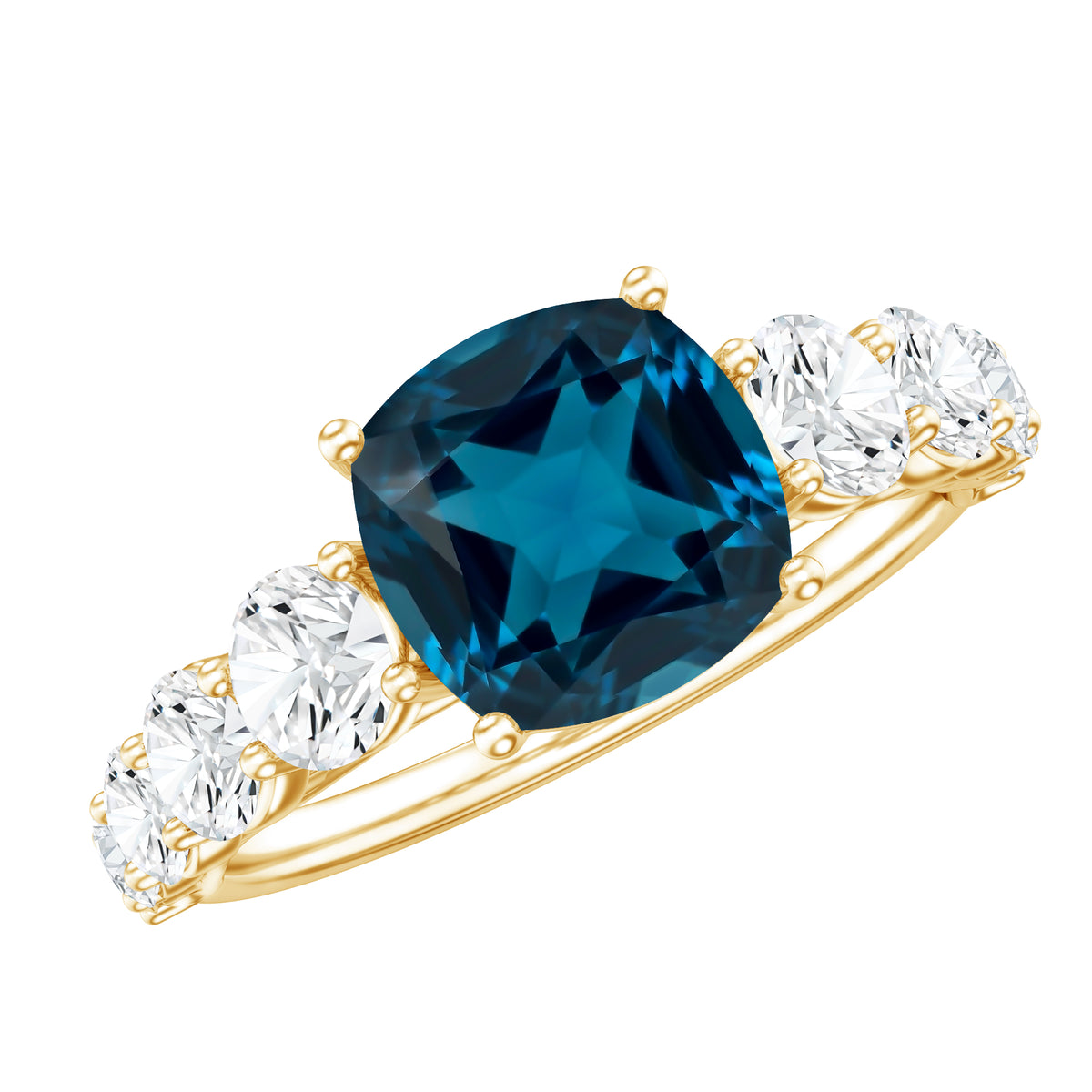 2.8 Carat Cushion Cut London Blue Topaz Solitaire Engagement Ring with Moissanite Side Stones AAA - Rosec Jewels